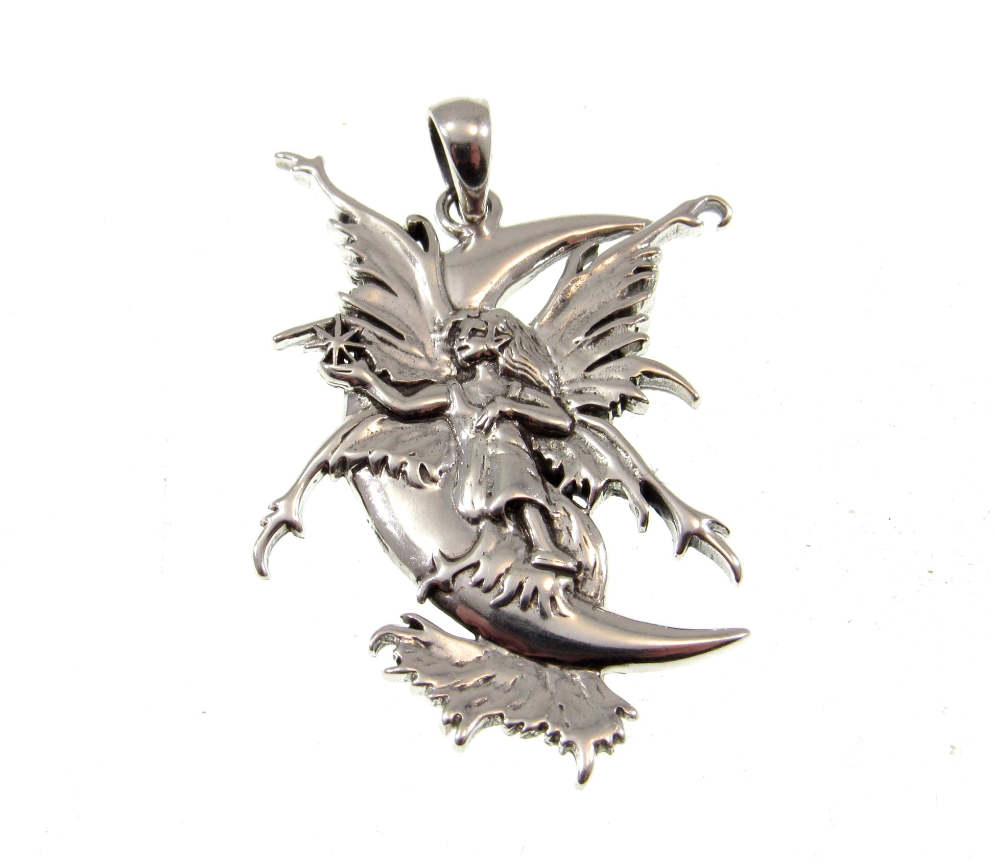 Solid 925 Sterling Silver Stargazer Crescent Moon Fairy Pendant Designed by Renown Fantasy Artist Amy Brown