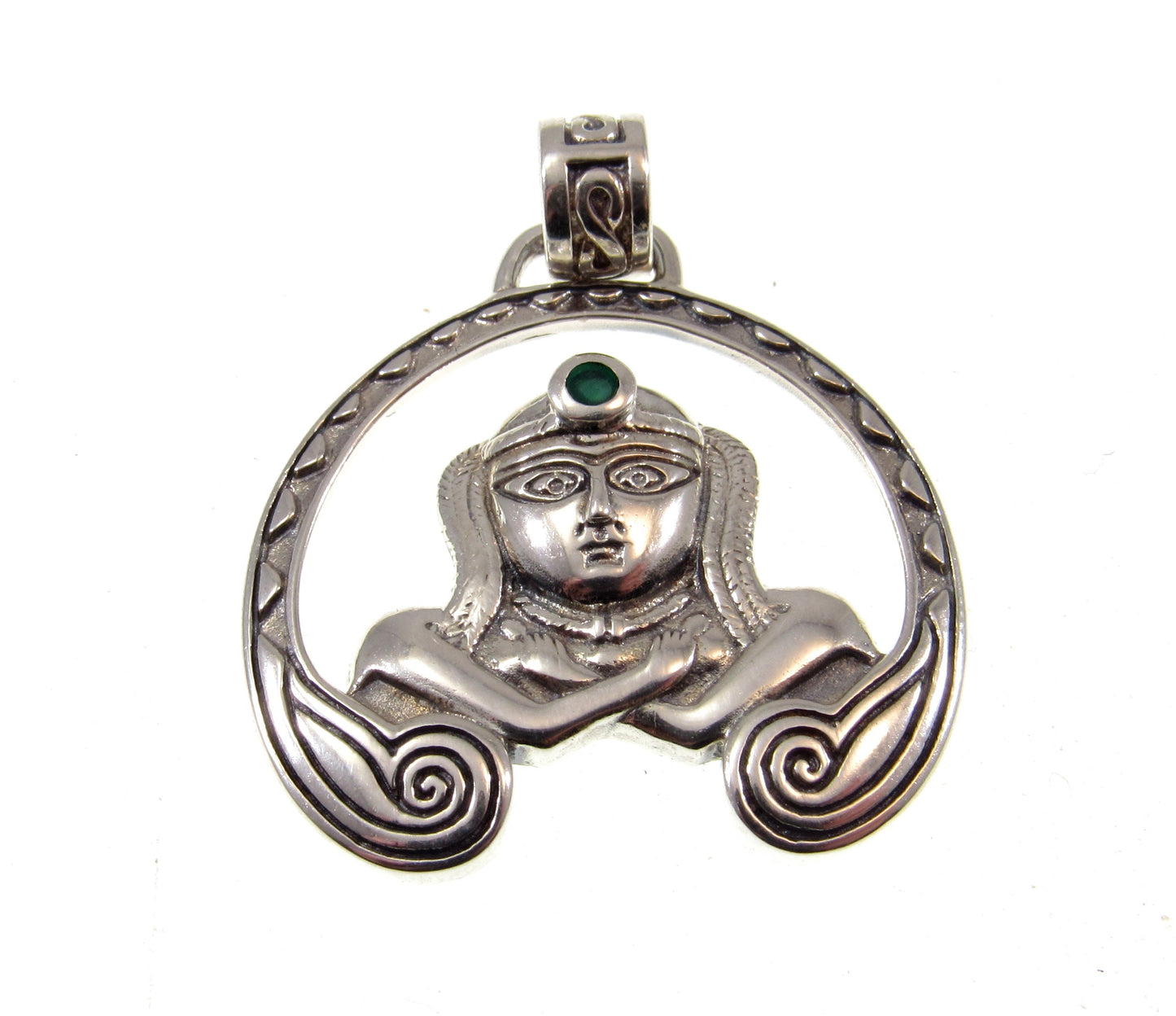 Solid 925 Sterling Silver Celtic Goddess ANU Pendant with Natural Green Agate, Irish Mother of the Gods Ana Amulet