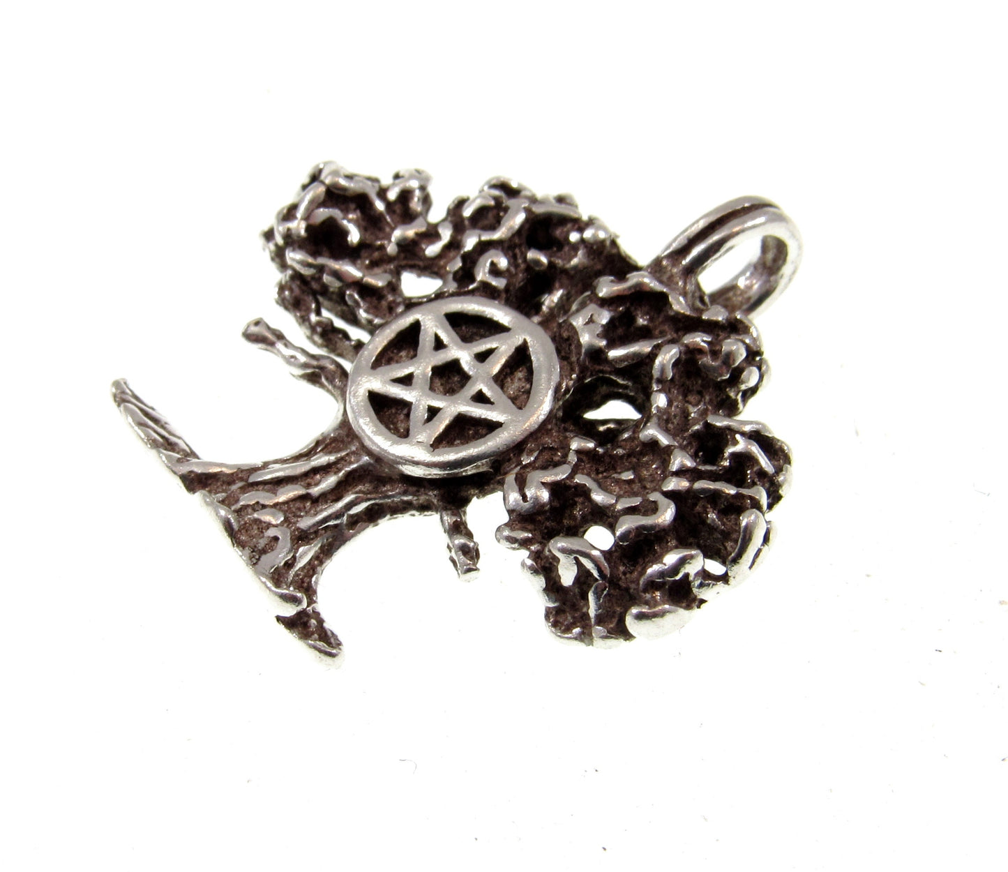 Solid 925 Sterling Silver Sacred Oak Tree of Life and Pentacle Pentagram Pendant