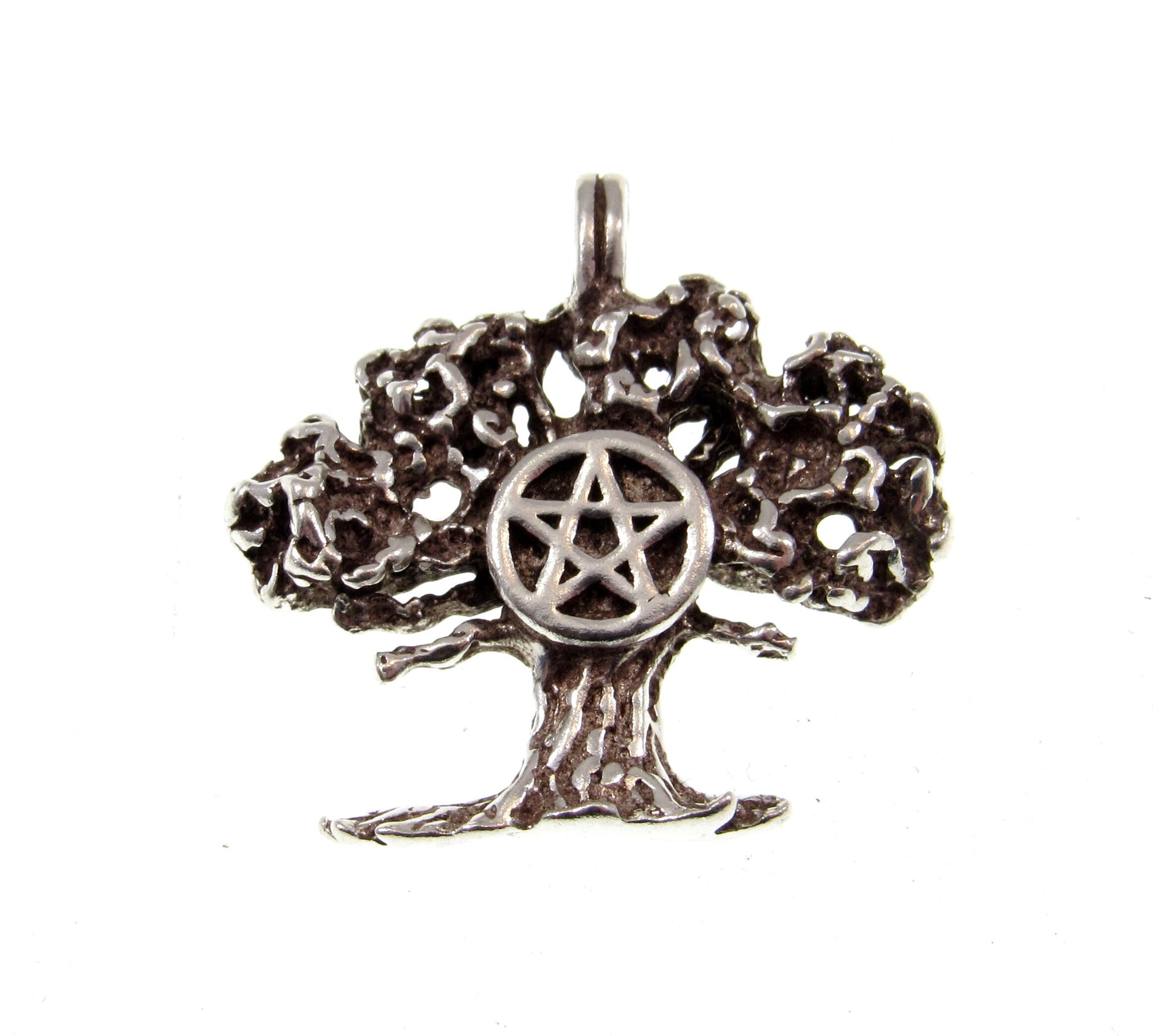Solid 925 Sterling Silver Sacred Oak Tree of Life and Pentacle Pentagram Pendant
