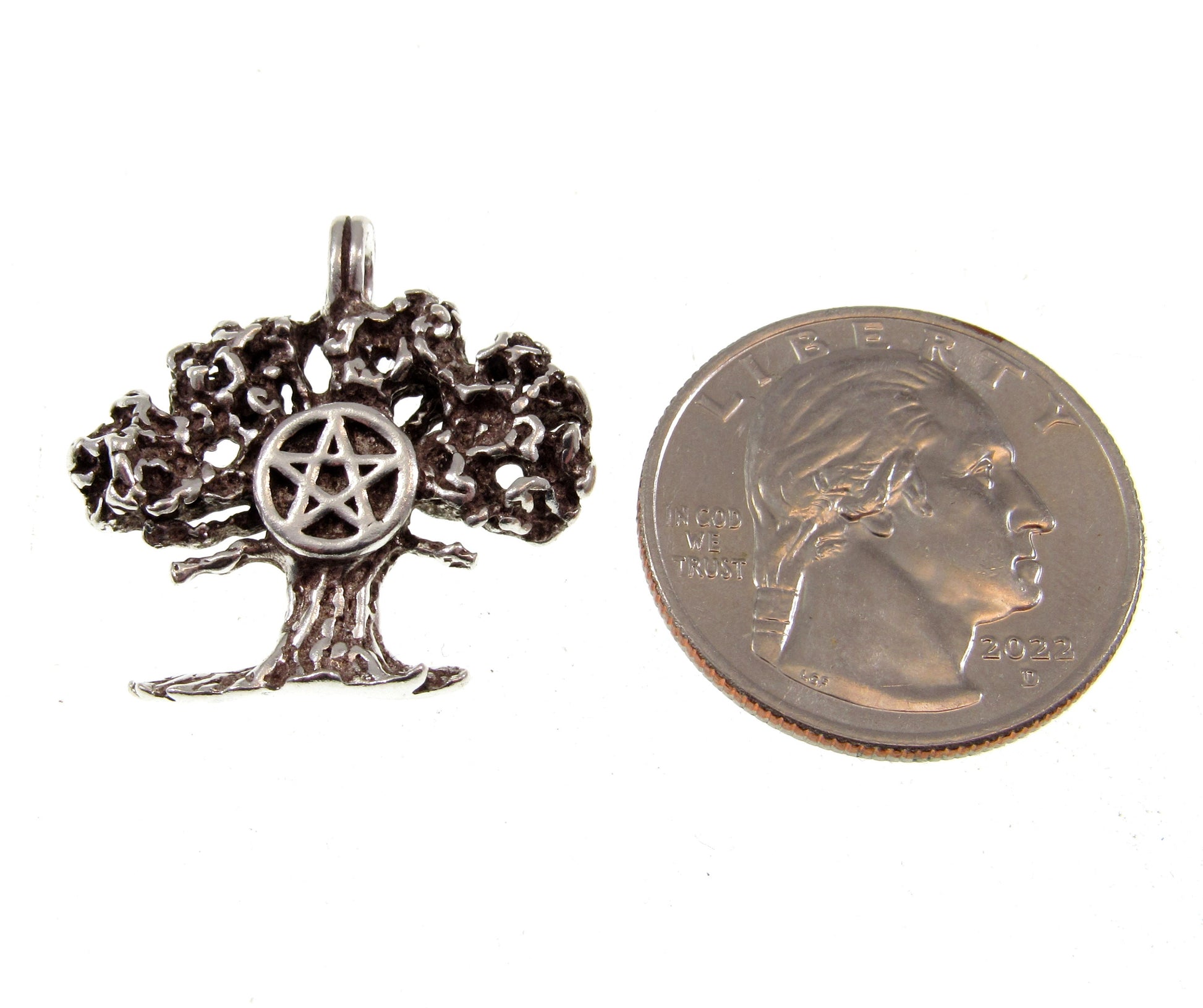Solid 925 Sterling Silver Sacred Oak Tree of Life and Pentacle Pentagram Pendant