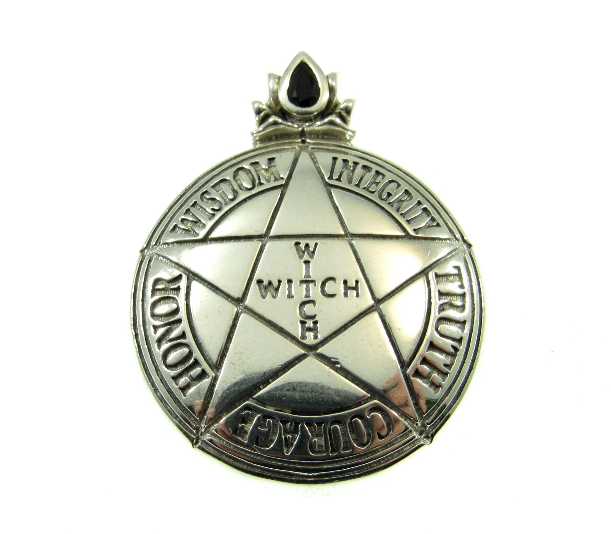 Solid 925 Sterling Silver Witch's Pentacle Pendant with Black Spinel Gemstone, Wisdom Integrity Truth Courage Honor Wisdom WITCH