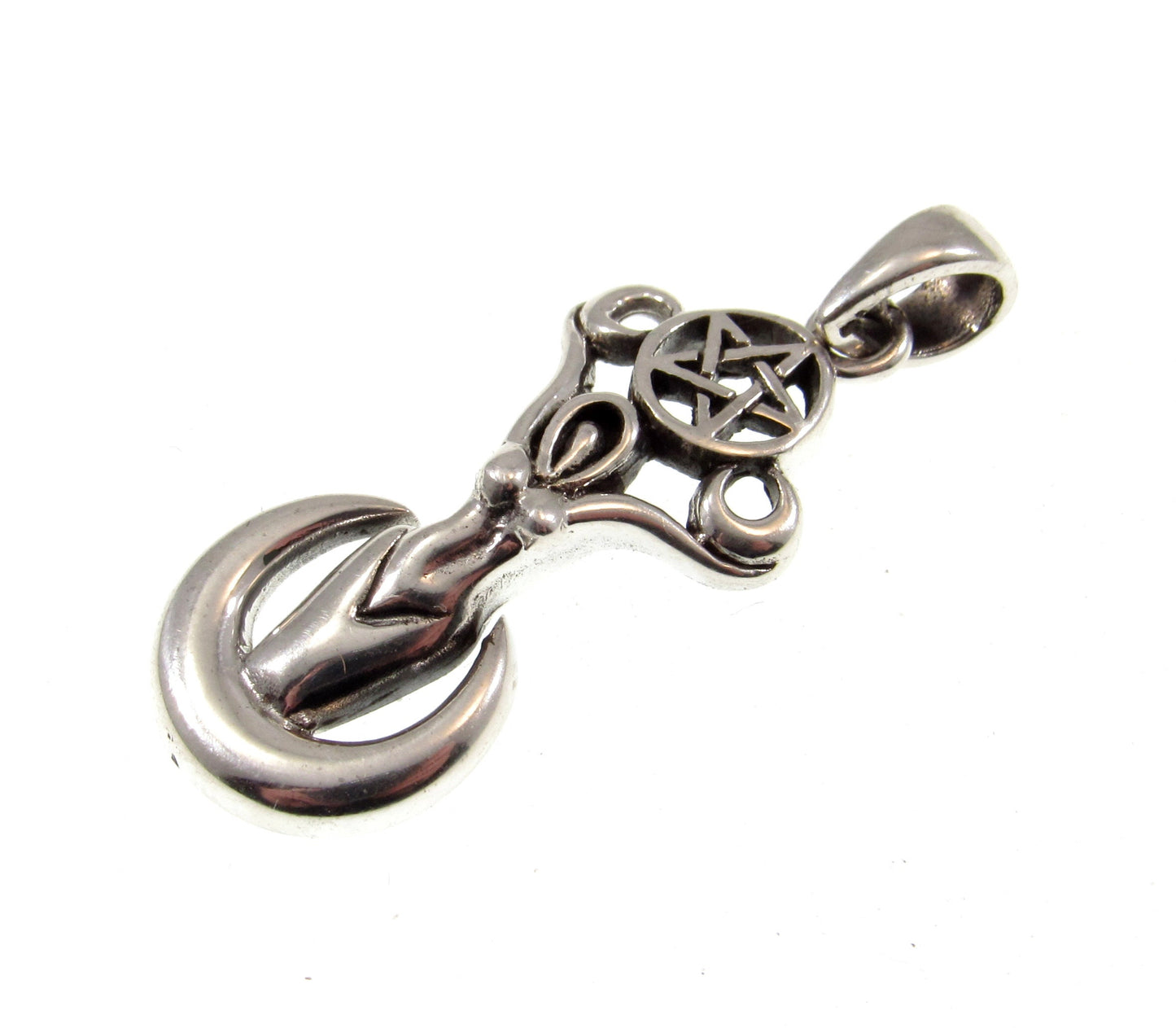 Solid 925 Sterling Silver Pagan Goddess of the Spirits Pendant, Magical Wiccan Goddess on Crescent Moon Pentacle Jewelry