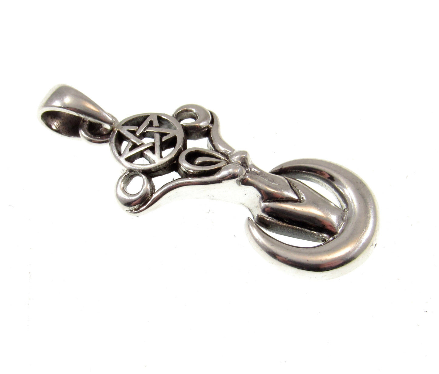 Solid 925 Sterling Silver Pagan Goddess of the Spirits Pendant, Magical Wiccan Goddess on Crescent Moon Pentacle Jewelry
