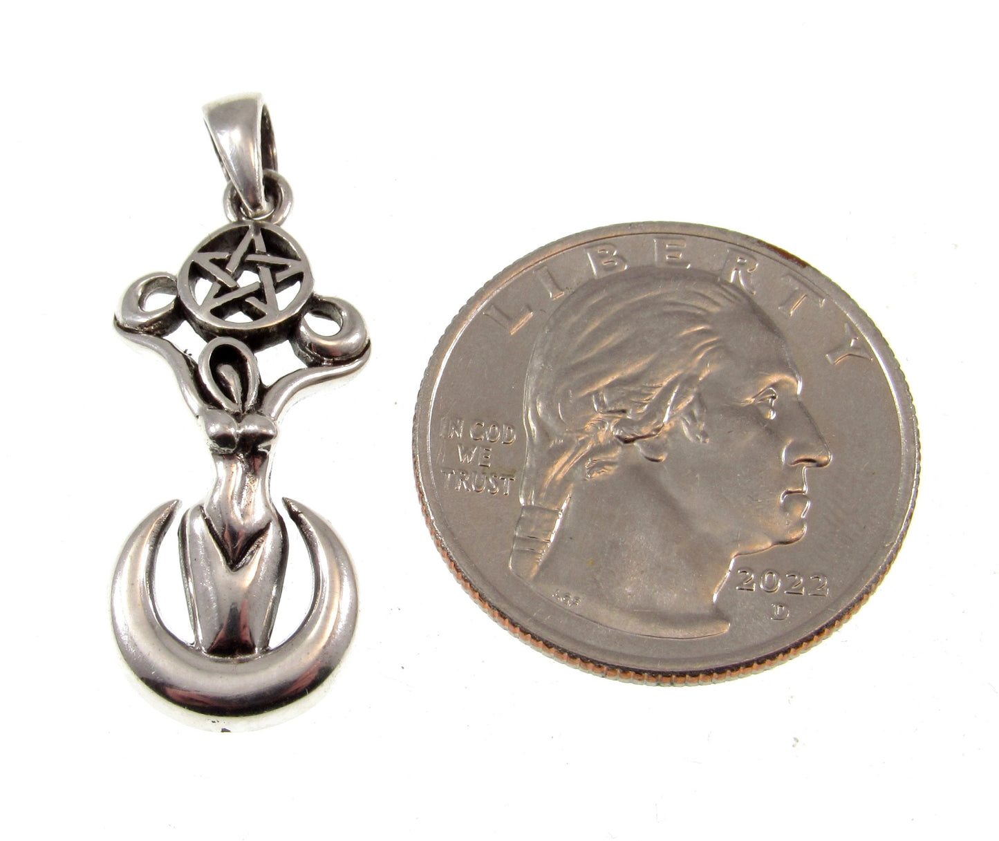 Solid 925 Sterling Silver Pagan Goddess of the Spirits Pendant, Magical Wiccan Goddess on Crescent Moon Pentacle Jewelry