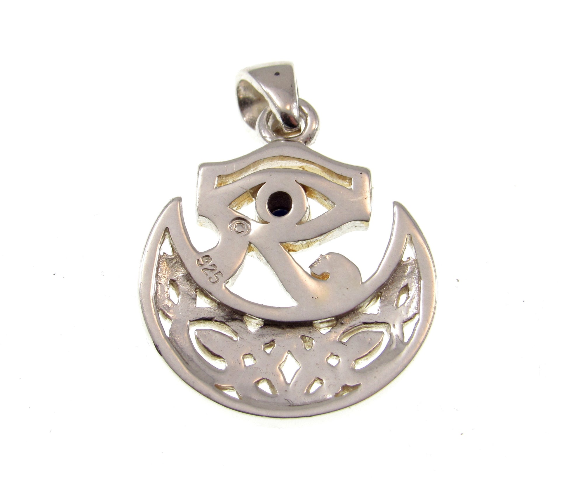 Solid 925 Sterling Silver Eye of Horus Pendant, Crescent Half Moon Charm, Celtic Knots and Lapis Lazuli Gem, Handcrafted Egyptian Jewelry