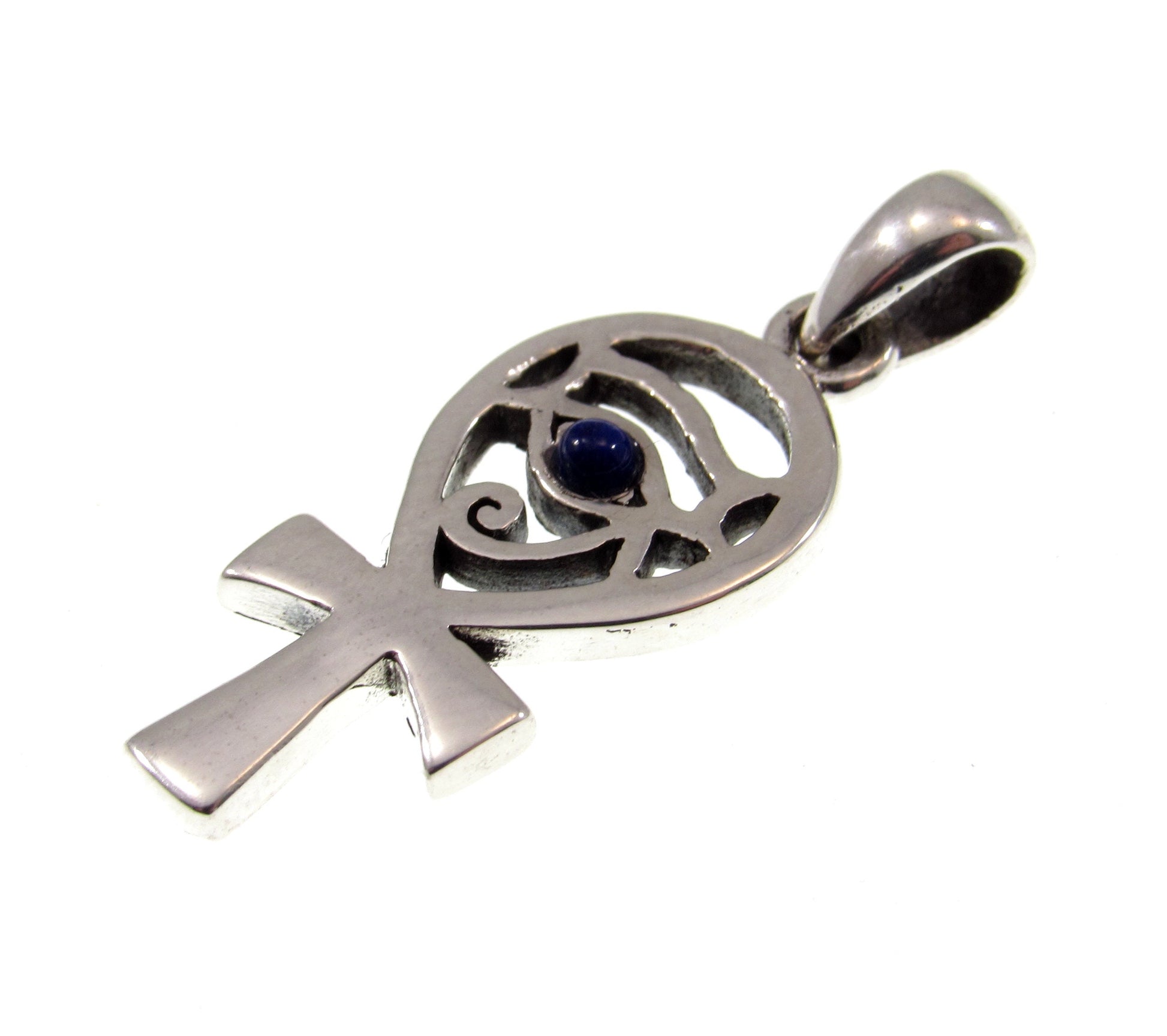 Solid 925 Sterling Silver Eye of Horus Egyptian Ankh Cross Pendant with Lapis Lazuli Gemstone