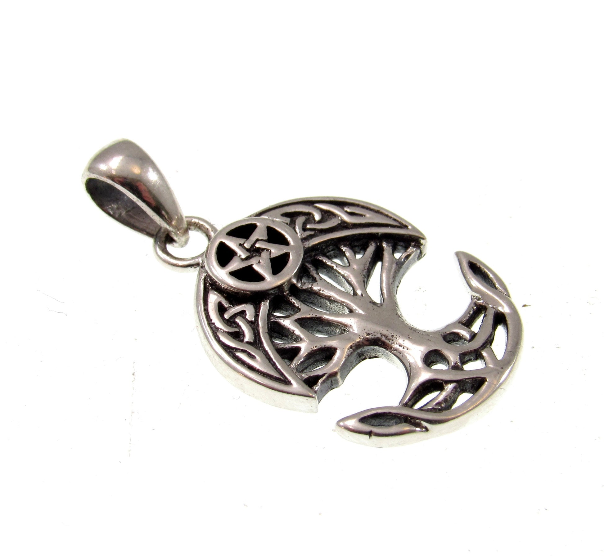 Solid 925 Sterling Silver Celtic Crescent Moon & Star Tree of Life Charm, Handcrafted Magical Pagan Wiccan Pendant