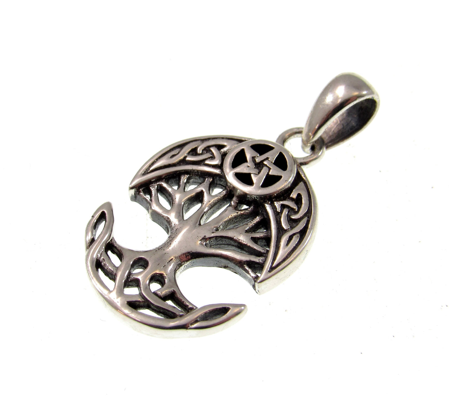 Solid 925 Sterling Silver Celtic Crescent Moon & Star Tree of Life Charm, Handcrafted Magical Pagan Wiccan Pendant