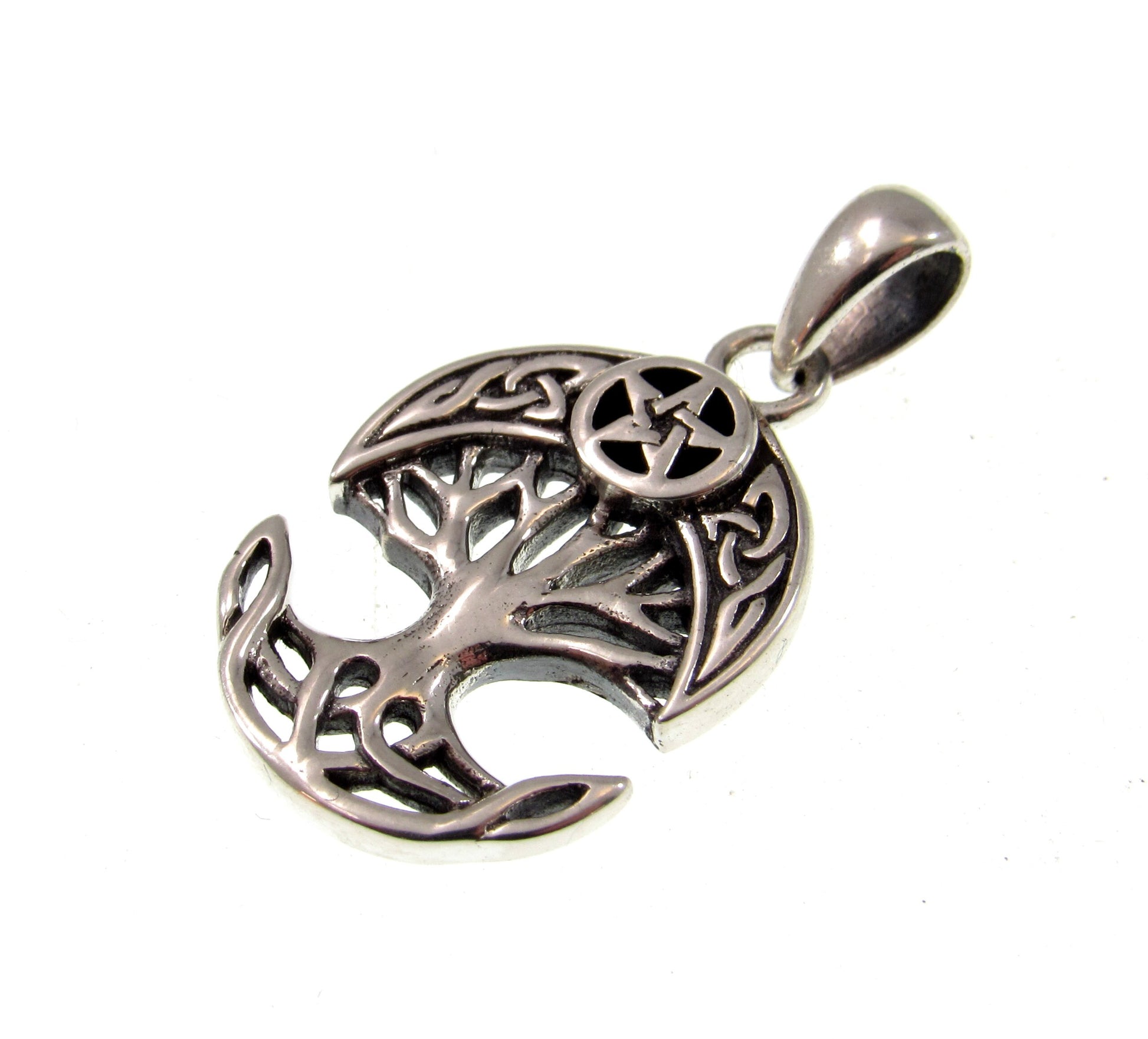 Solid 925 Sterling Silver Celtic Crescent Moon & Star Tree of Life Charm, Handcrafted Magical Pagan Wiccan Pendant