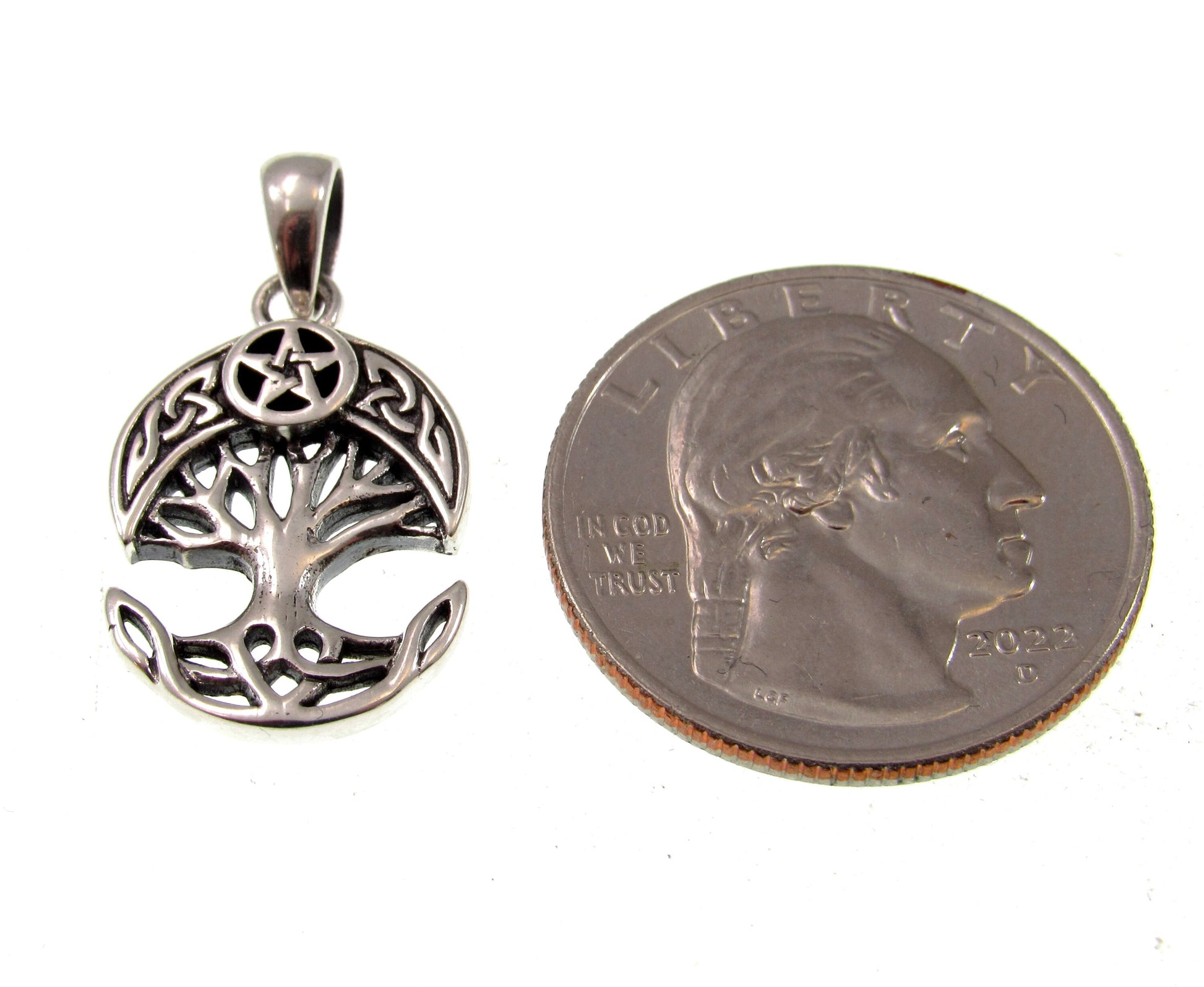 Solid 925 Sterling Silver Celtic Crescent Moon & Star Tree of Life Charm, Handcrafted Magical Pagan Wiccan Pendant