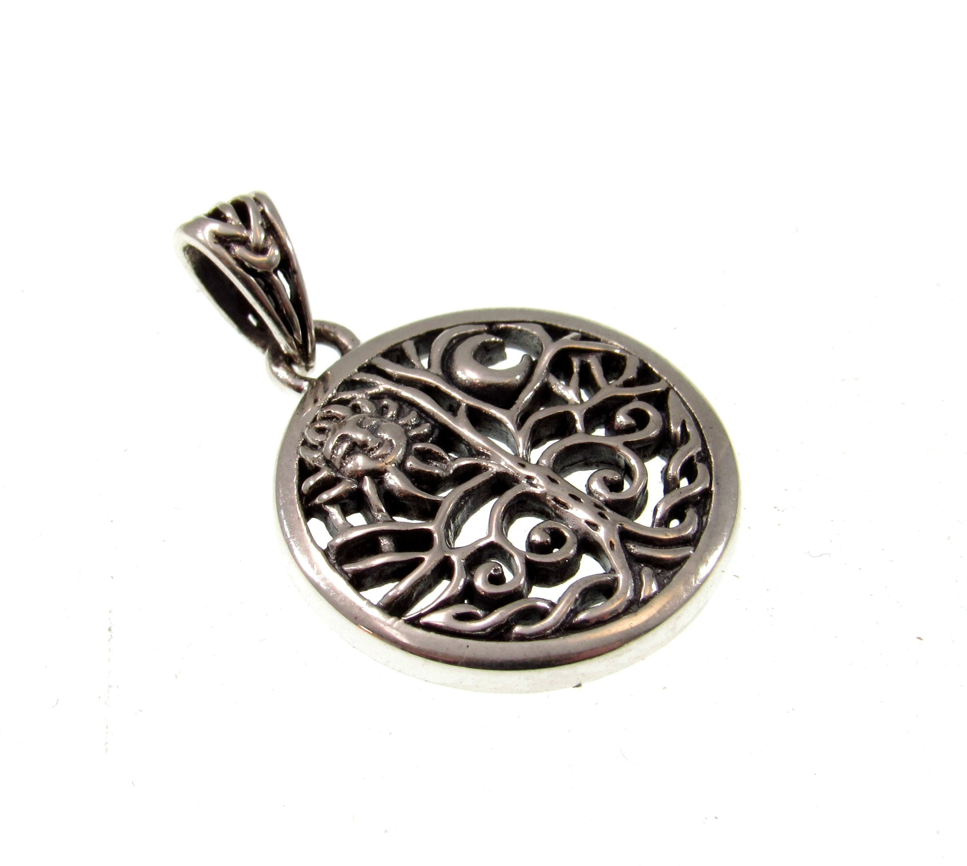 Solid 925 Sterling Silver Sun and Crescent Moon Tree of Life Charm, Handcrafted Magical Pagan Wiccan Pendant