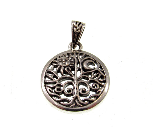 Solid 925 Sterling Silver Sun and Crescent Moon Tree of Life Charm, Handcrafted Magical Pagan Wiccan Pendant