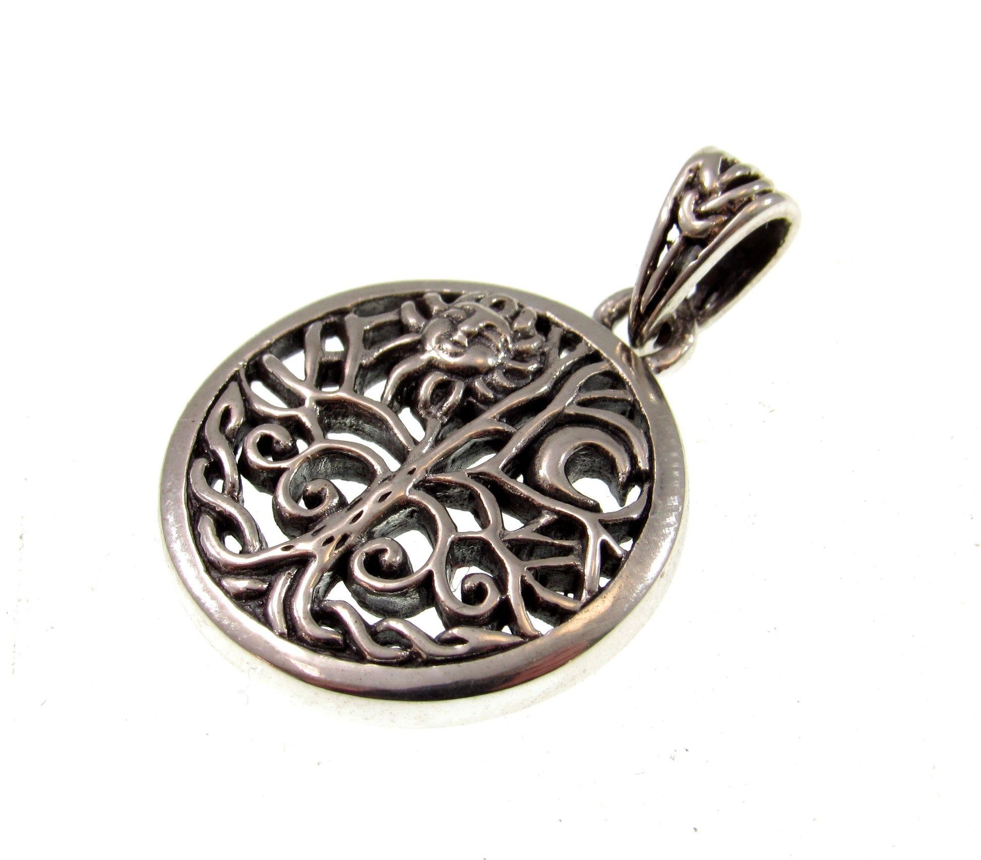 Solid 925 Sterling Silver Sun and Crescent Moon Tree of Life Charm, Handcrafted Magical Pagan Wiccan Pendant