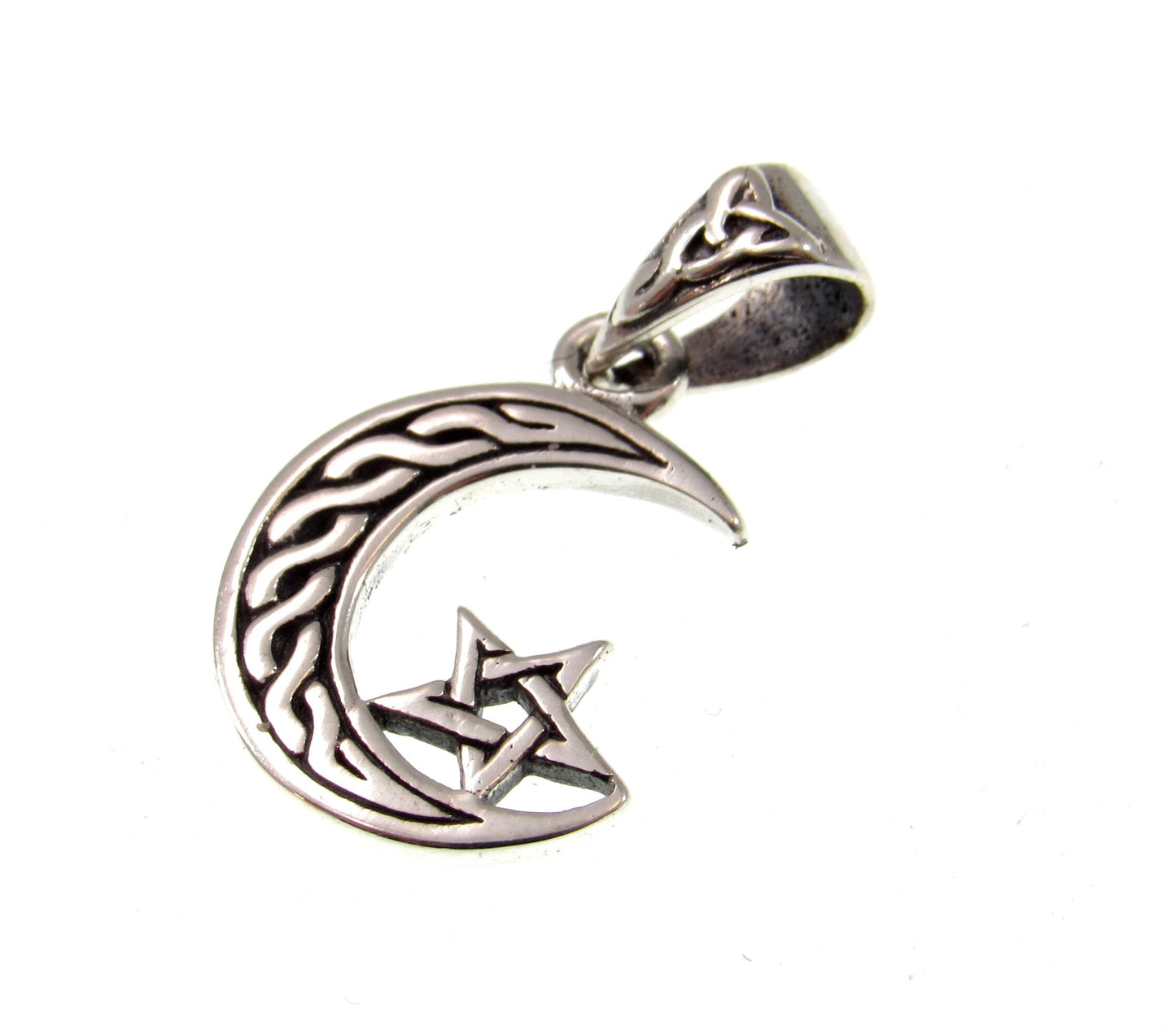 Solid 925 Sterling Silver Celtic Crescent Moon & Pentagram Charm, Handcrafted Magical Pagan Wiccan Pendant