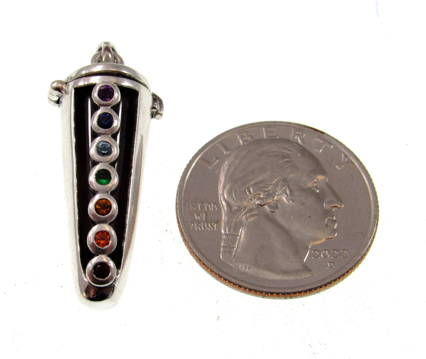 Chakra Pendulum Handcrafted in Solid 925 Sterling Silver with Hinged Lid, Seven Life Force Colored Gemstones Pendant