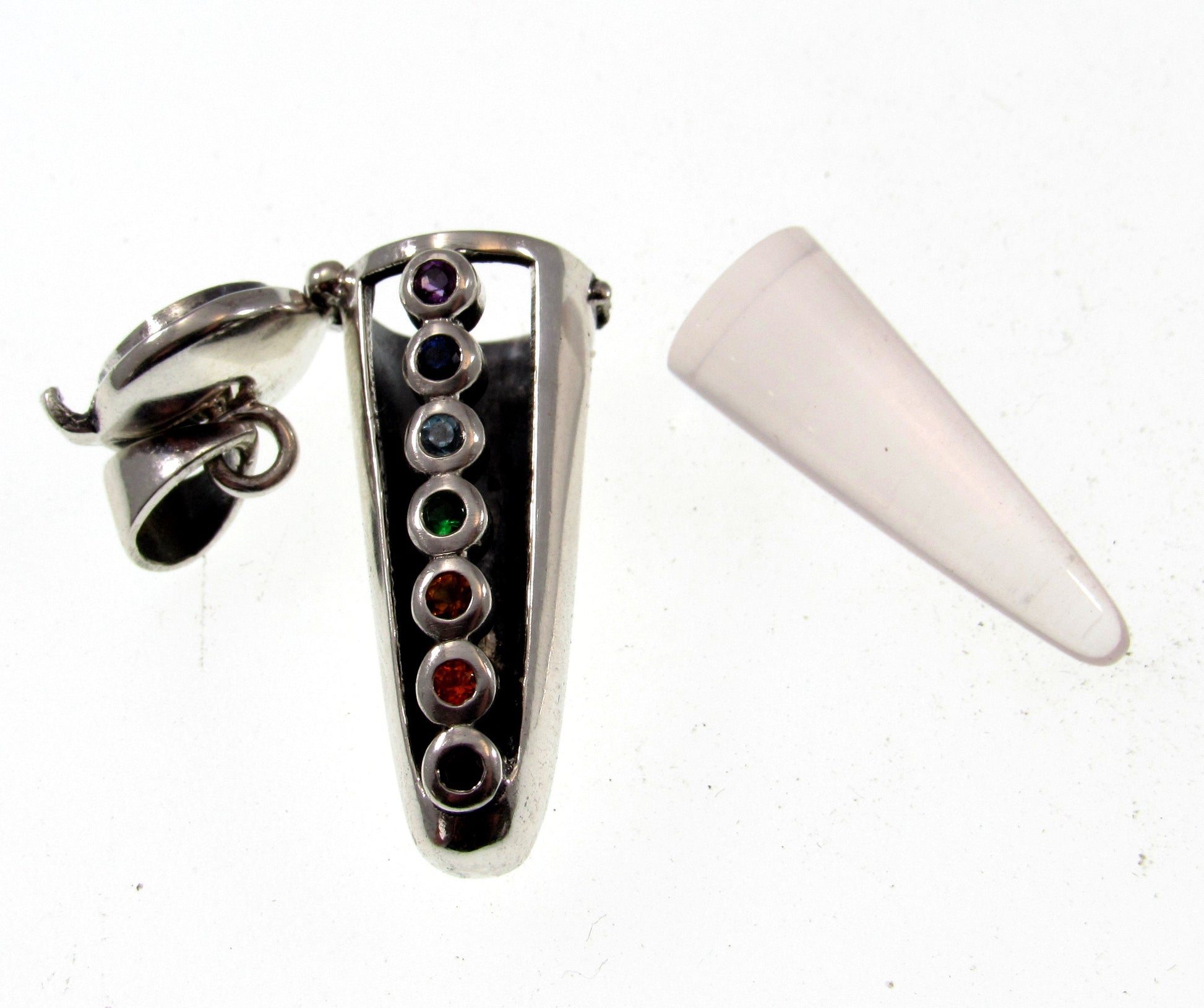 Chakra Pendulum Handcrafted in Solid 925 Sterling Silver with Hinged Lid, Seven Life Force Colored Gemstones Pendant