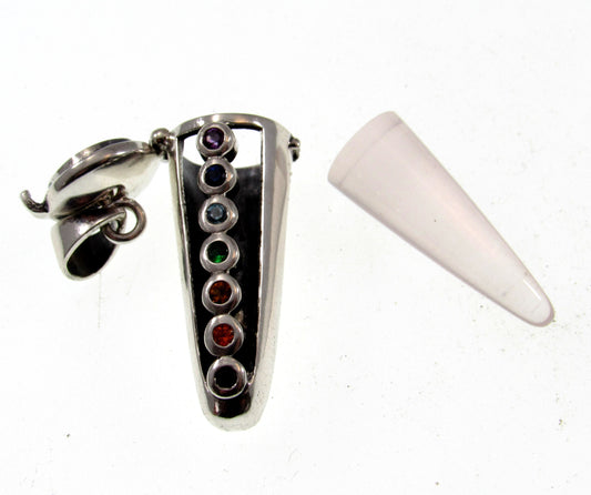 Chakra Pendulum Handcrafted in Solid 925 Sterling Silver with Hinged Lid, Seven Life Force Colored Gemstones Pendant