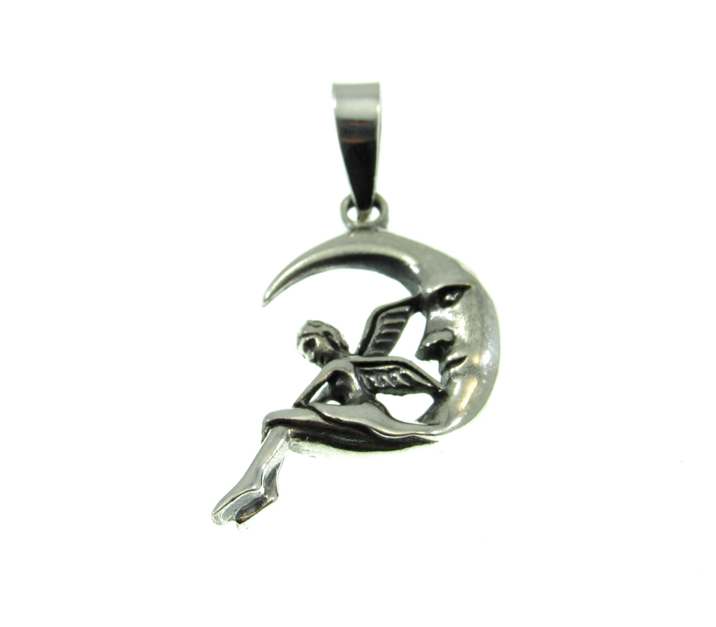 Solid 925 Sterling Silver Fairy on Waxing Crescent Moon Charm, Handcrafted Magical Fertility Pendant