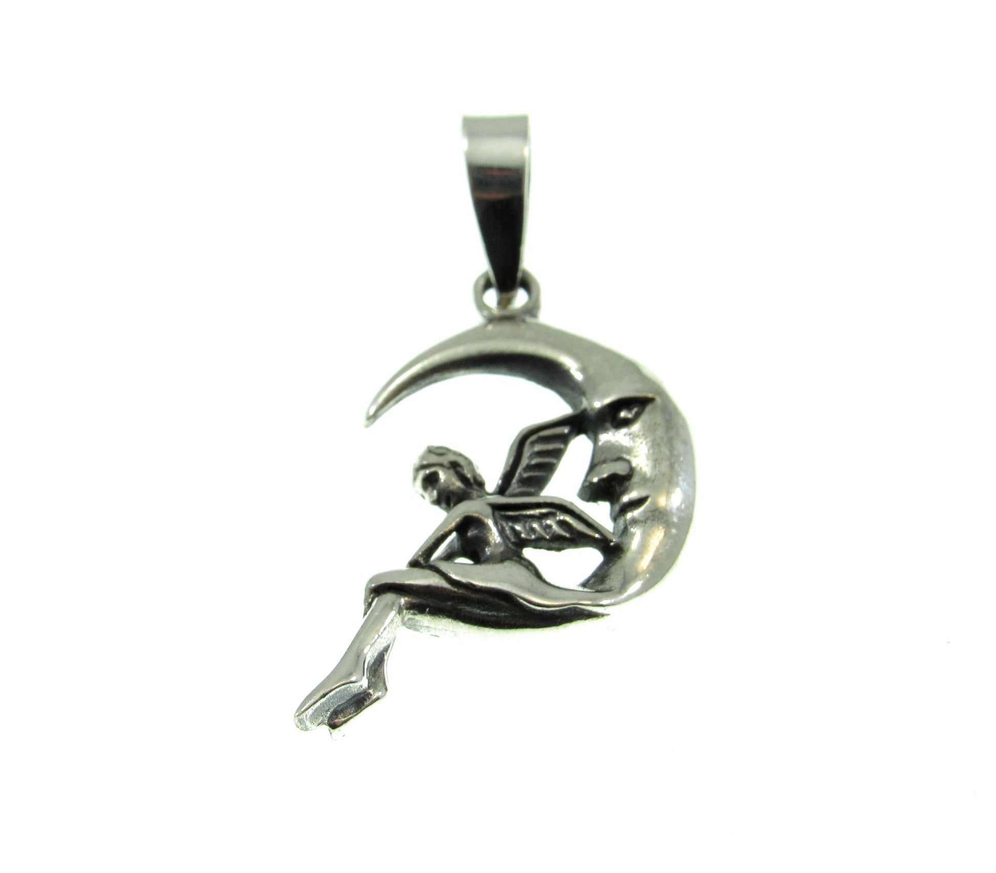Solid 925 Sterling Silver Fairy on Waxing Crescent Moon Charm, Handcrafted Magical Fertility Pendant