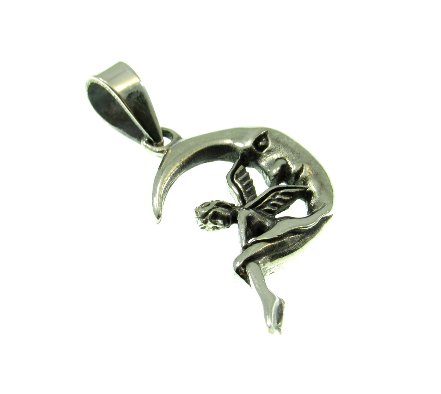Solid 925 Sterling Silver Fairy on Waxing Crescent Moon Charm, Handcrafted Magical Fertility Pendant