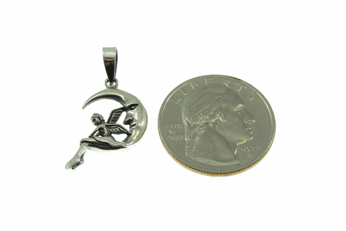 Solid 925 Sterling Silver Fairy on Waxing Crescent Moon Charm, Handcrafted Magical Fertility Pendant