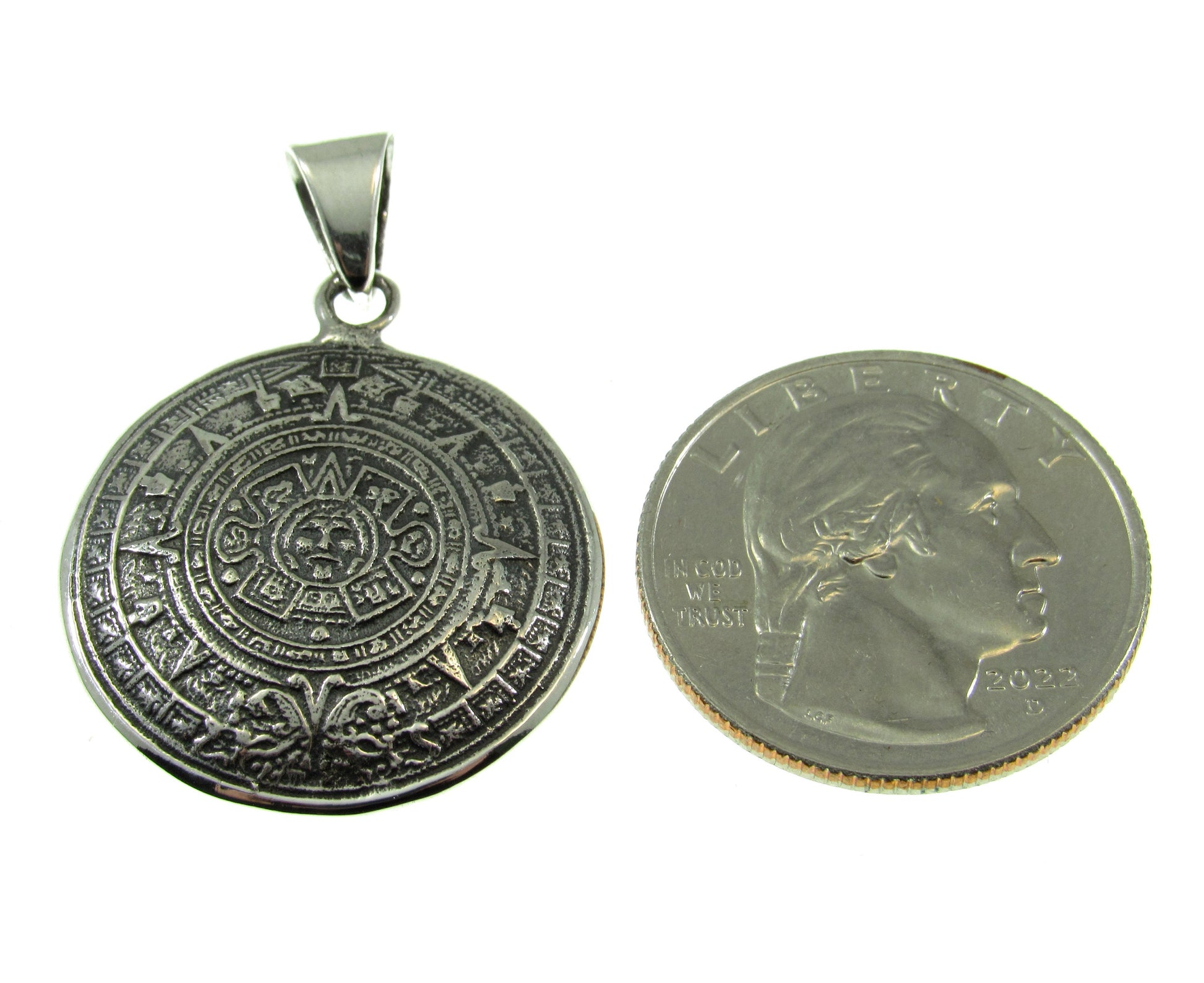 Solid Sterling Silver Aztec Calendar Pendant – Mayan Necklace Amulet, Ancient Mexico Jewelry, Sun Stone Medal, Mens Silver Zodiac Wheel