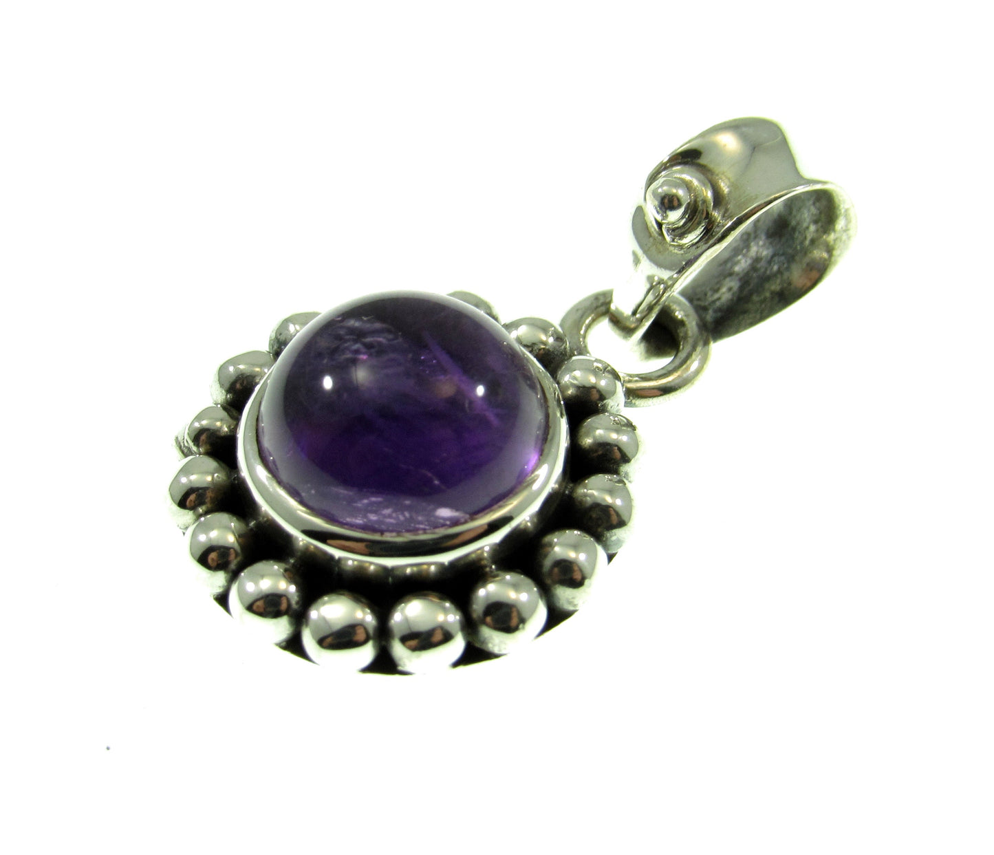 Solid 925 Sterling Silver Round Amethyst Pendant, Handcrafted Small Drop Charm, Deep Purple Cabochon Gemstone, Beaded Balinese Jewelry