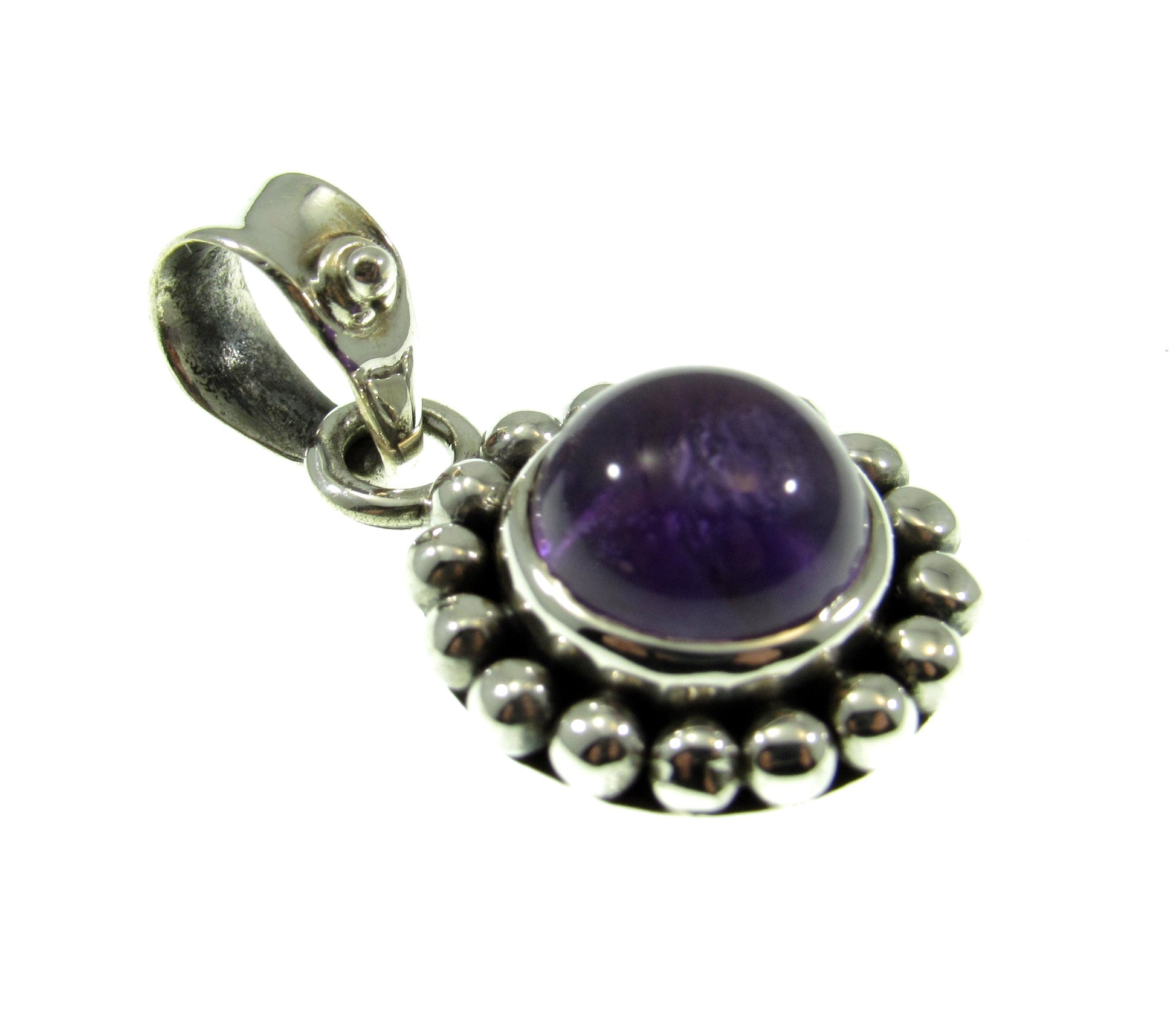 Solid 925 Sterling Silver Round Amethyst Pendant, Handcrafted Small Drop Charm, Deep Purple Cabochon Gemstone, Beaded Balinese Jewelry