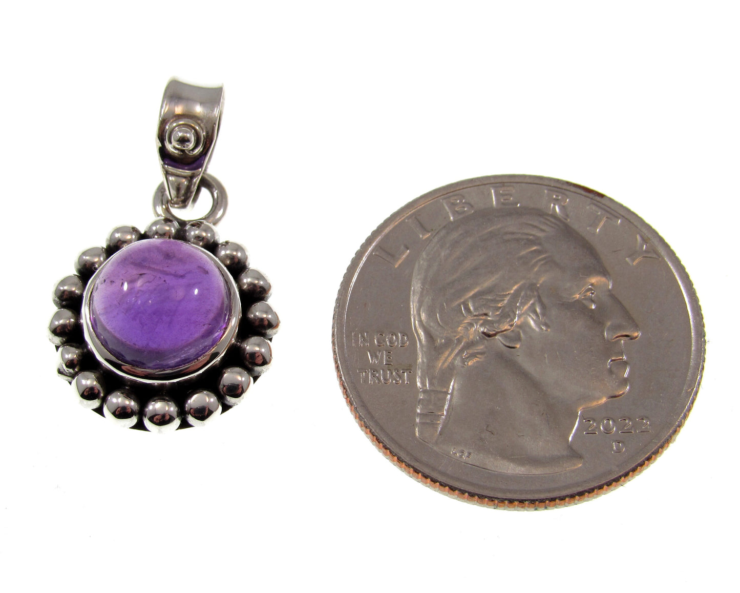 Solid 925 Sterling Silver Round Amethyst Pendant, Handcrafted Small Drop Charm, Deep Purple Cabochon Gemstone, Beaded Balinese Jewelry
