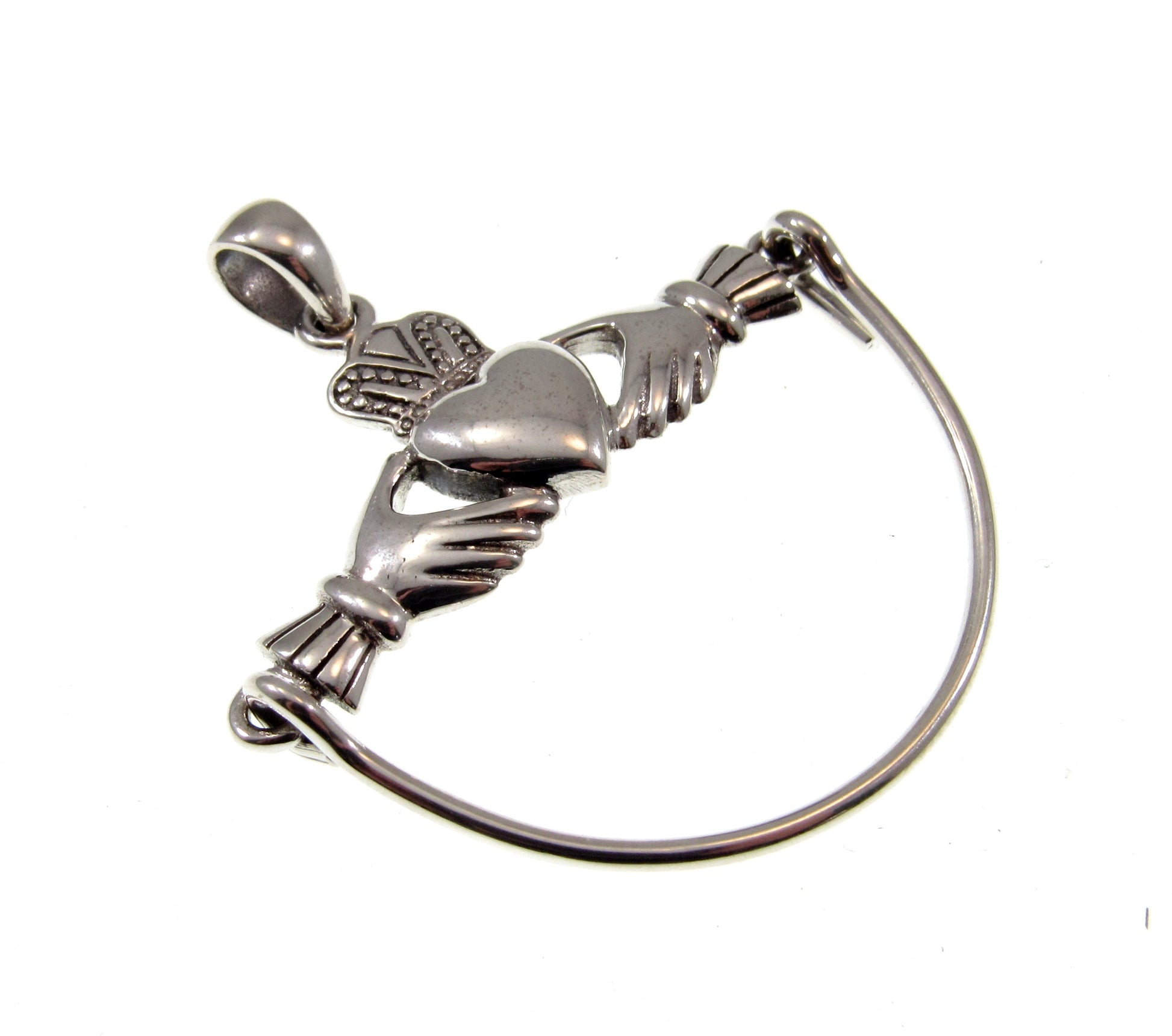 Solid 925 Sterling Silver Celtic Claddagh Heart Charm Holder / Hanger Carrier Pendant, Irish Symbol of Love, Loyalty, and Friendship