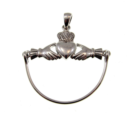 Solid 925 Sterling Silver Celtic Claddagh Heart Charm Holder / Hanger Carrier Pendant, Irish Symbol of Love, Loyalty, and Friendship