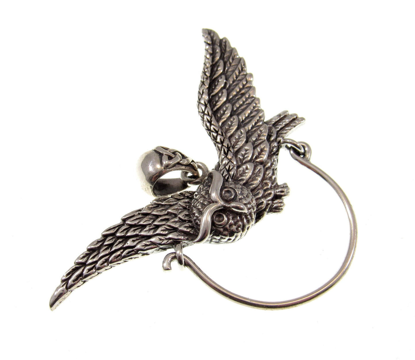 Solid 925 Sterling Silver Charm Holder Barn Owl Pendant, Magical Pagan Symbol of Protection, Handcrafted Spirit Guide Animal Totem Hanger