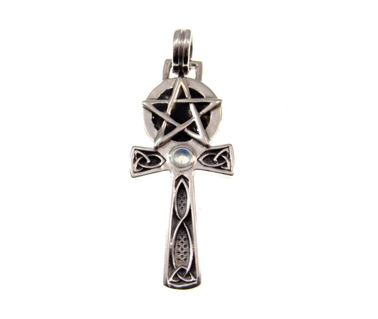Solid 925 Sterling Silver Egyptian Ankh Pendant with Celtic Knots and Pentacle Pentagram, Choose Amethyst, Garnet, or Moonstone Gemstone