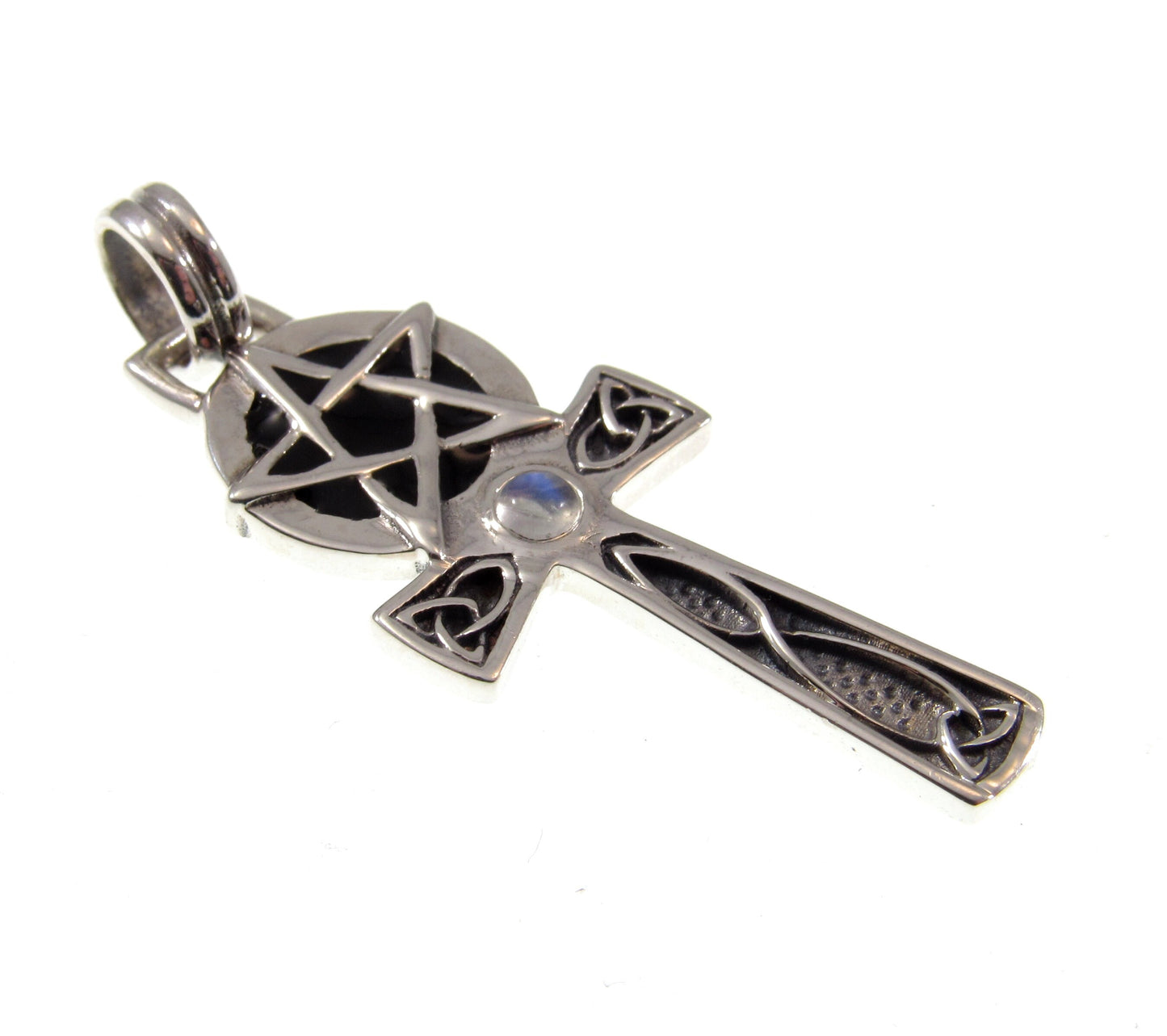 Solid 925 Sterling Silver Egyptian Ankh Pendant with Celtic Knots and Pentacle Pentagram, Choose Amethyst, Garnet, or Moonstone Gemstone