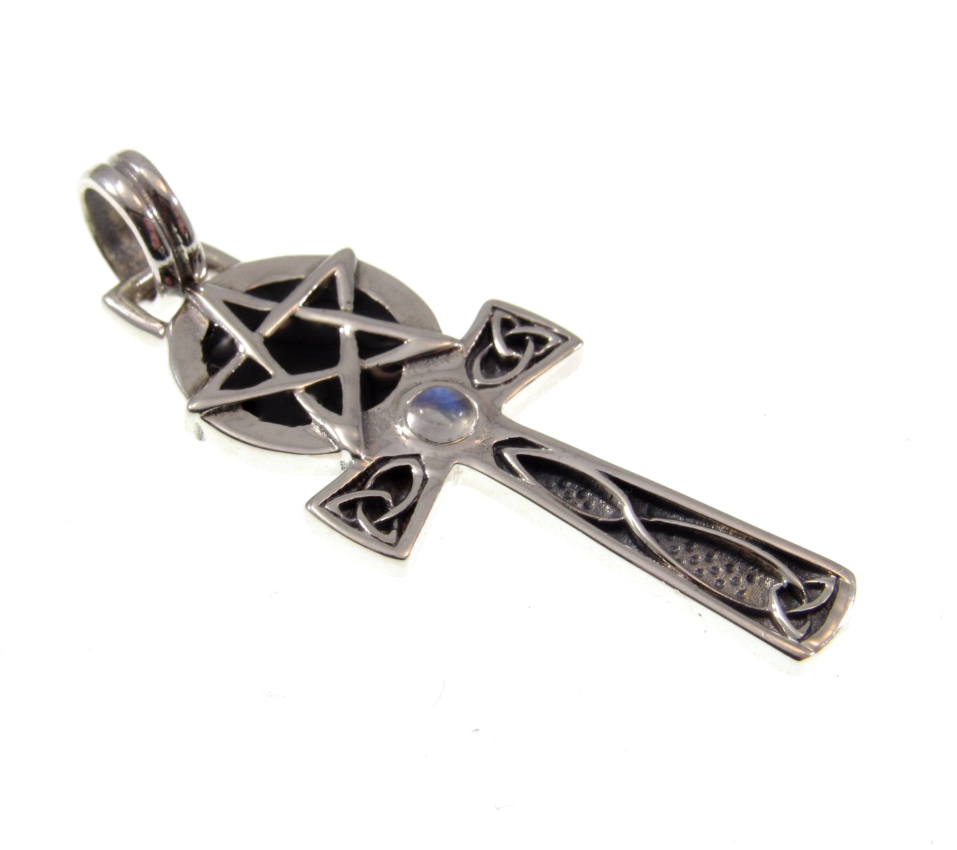 Solid 925 Sterling Silver Egyptian Ankh Pendant with Celtic Knots and Pentacle Pentagram, Choose Amethyst, Garnet, or Moonstone Gemstone