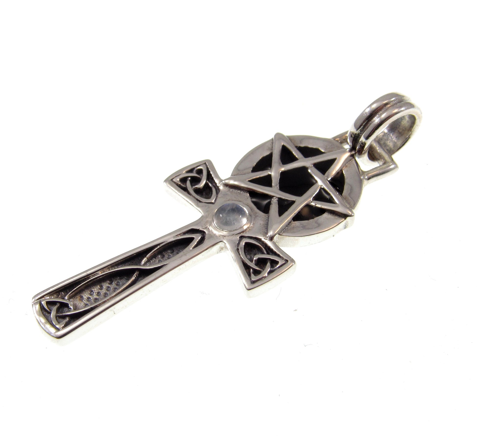 Solid 925 Sterling Silver Egyptian Ankh Pendant with Celtic Knots and Pentacle Pentagram, Choose Amethyst, Garnet, or Moonstone Gemstone