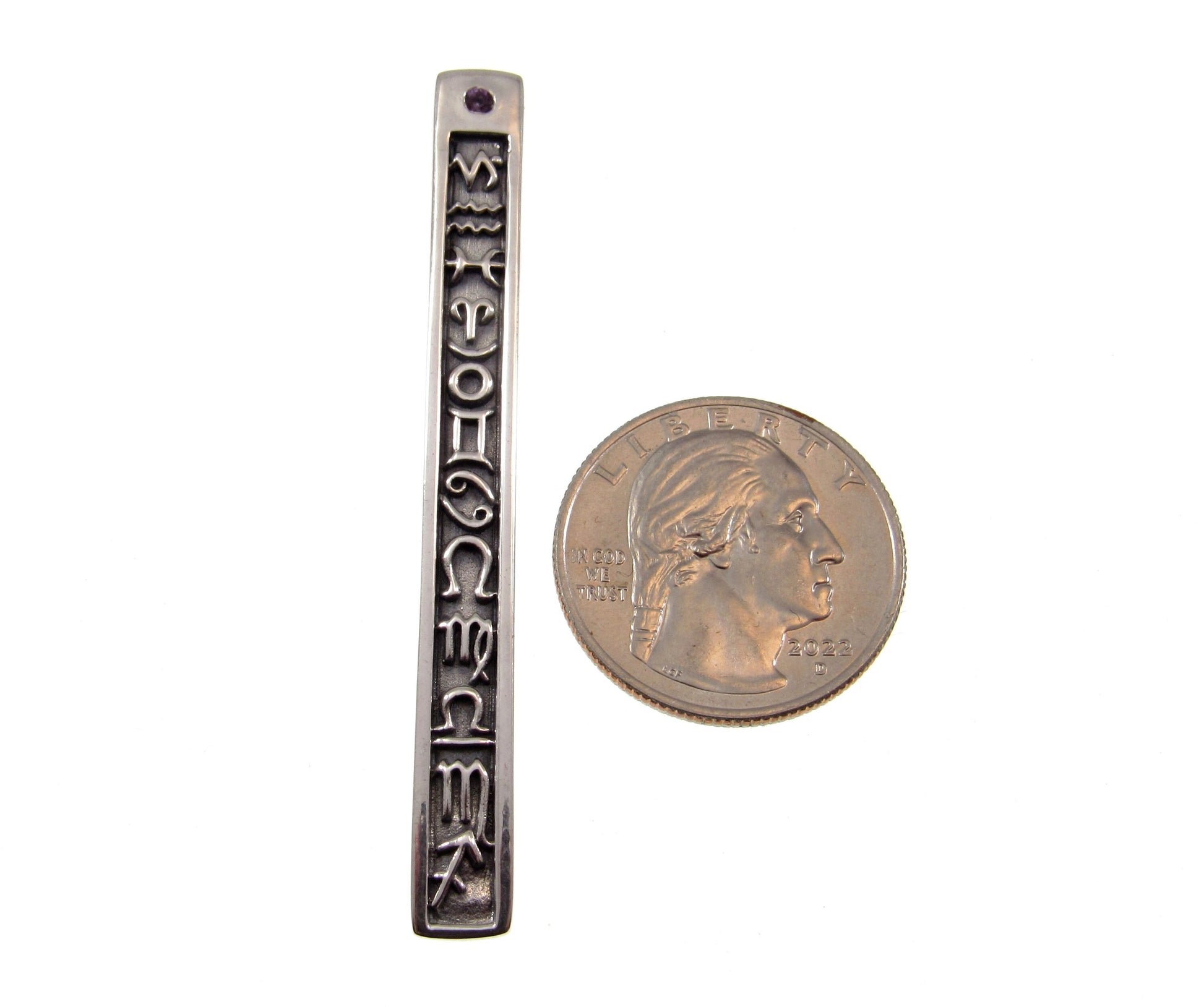 Solid 925 Sterling Silver 12 Zodiac Symbols Slide Pendant, Handcrafted Horoscope Column, Choose Gemstone: Amethyst or Garnet