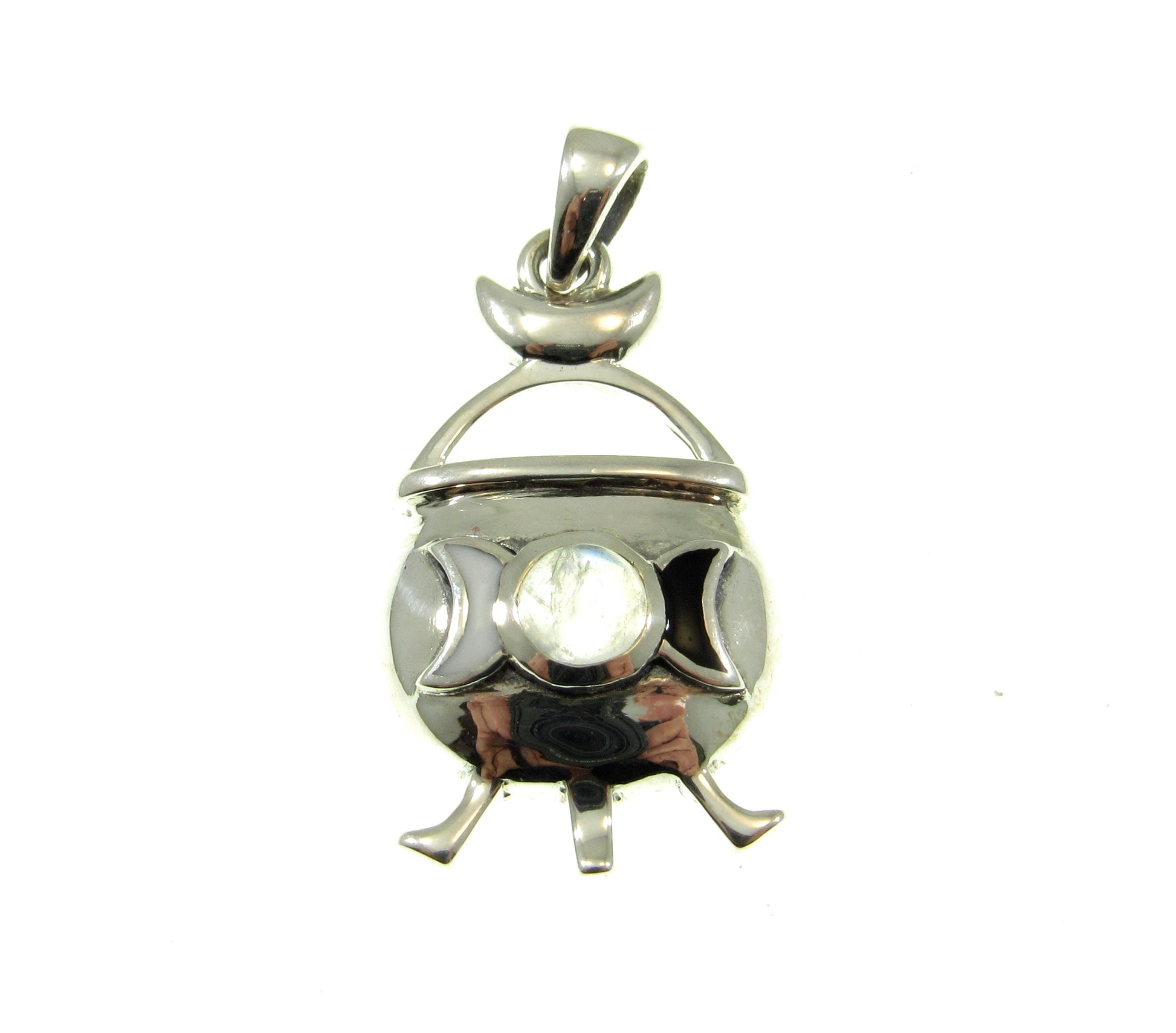 Solid 925 Sterling Silver Witch Cauldron Triple Moon Pendant, Choose Amethyst, Garnet, Moonstone, Topaz