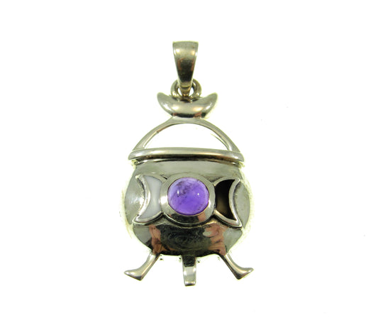 Solid 925 Sterling Silver Magickal Witch's Cauldron Pendant, Choose Gemstone: Amethyst, Garnet, Moonstone, or Blue Topaz