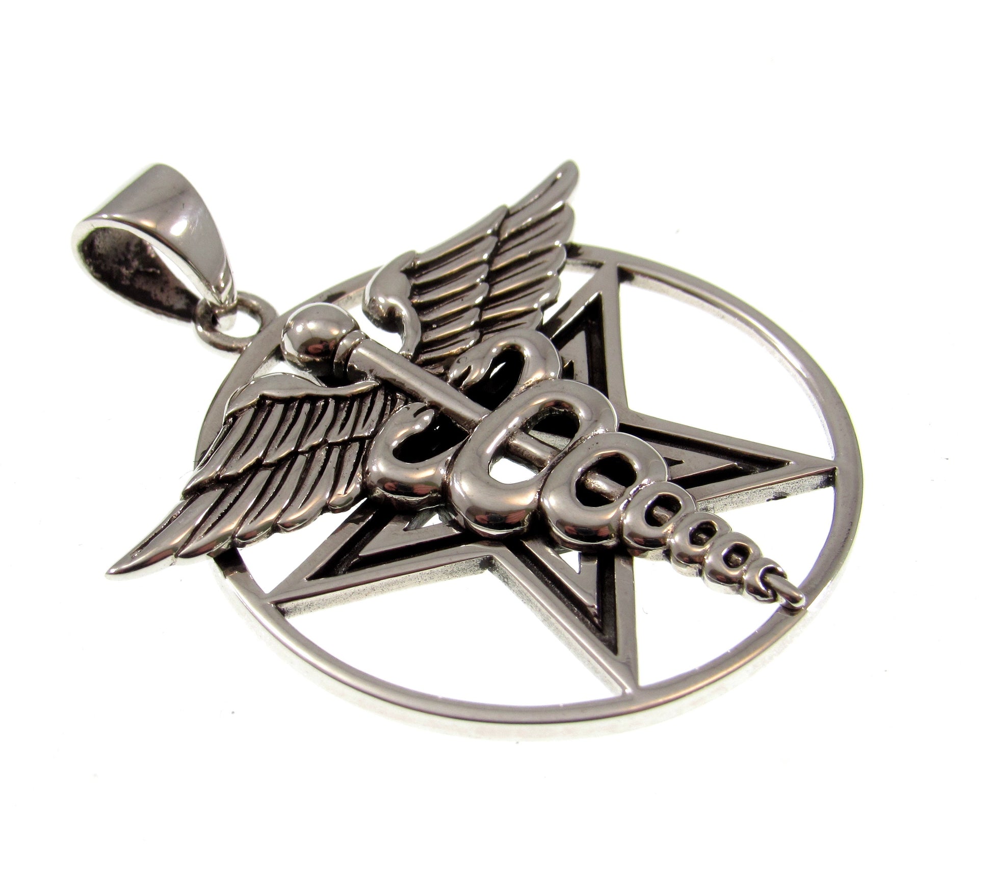 Solid 925 Sterling Silver Pentacle Star With Caduceus Pendant, Handcrafted Healing Talisman & Protection Symbol Amulet