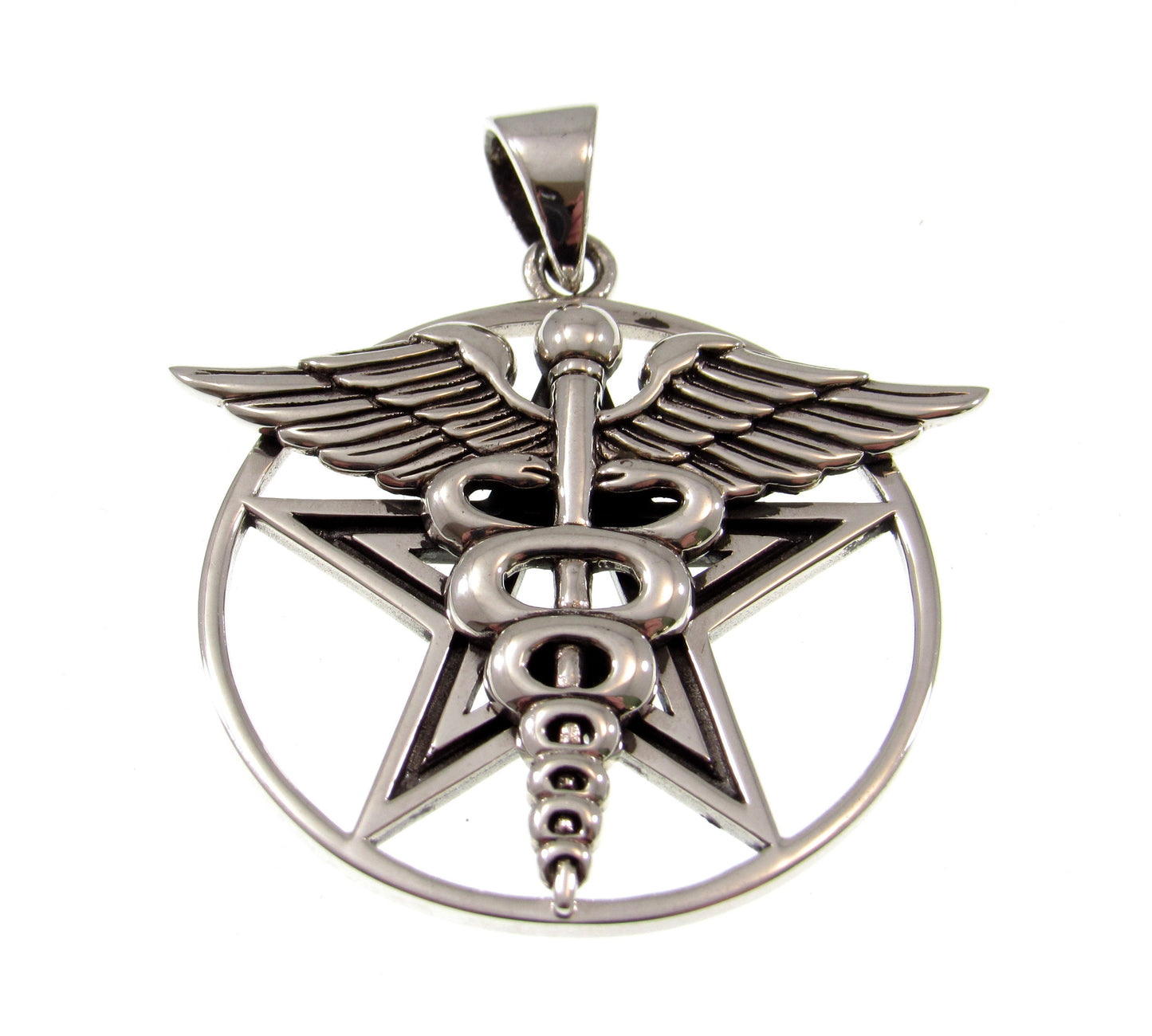 Solid 925 Sterling Silver Pentacle Star With Caduceus Pendant, Handcrafted Healing Talisman & Protection Symbol Amulet