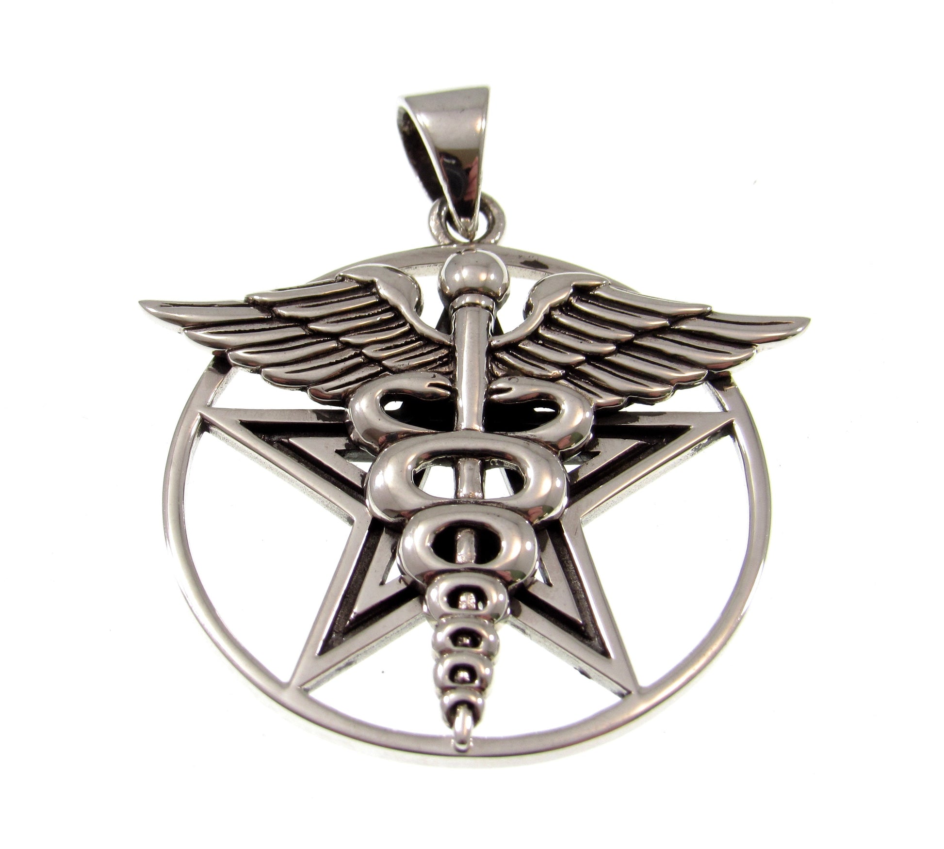 Solid 925 Sterling Silver Pentacle Star With Caduceus Pendant, Handcrafted Healing Talisman & Protection Symbol Amulet