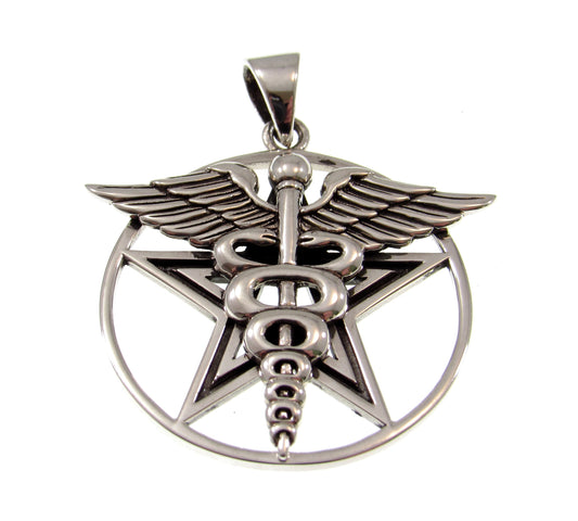 Solid 925 Sterling Silver Pentacle Star With Caduceus Pendant, Handcrafted Healing Talisman & Protection Symbol Amulet