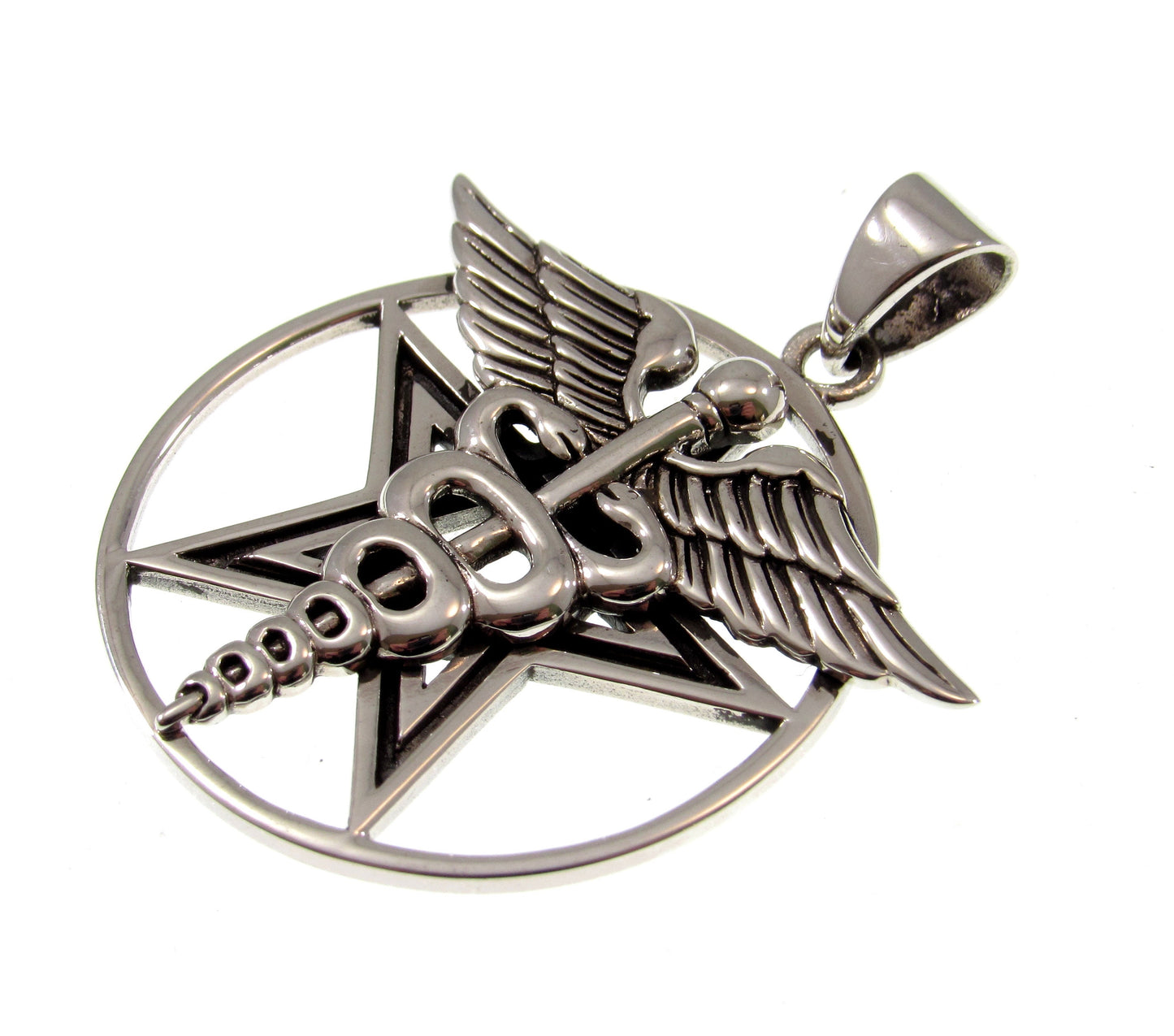 Solid 925 Sterling Silver Pentacle Star With Caduceus Pendant, Handcrafted Healing Talisman & Protection Symbol Amulet