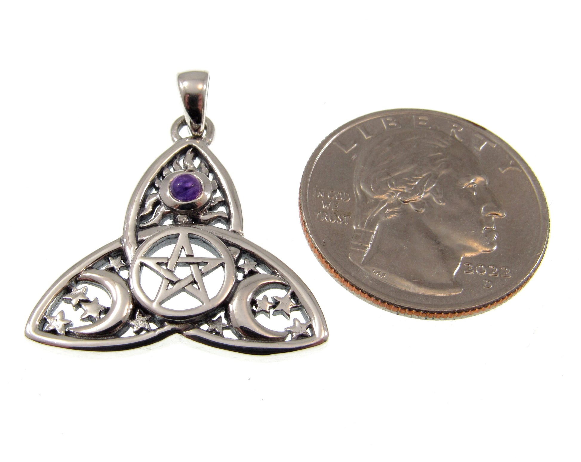 Solid 925 Sterling Silver Celtic Triquetra Pentacle Sun, Moon, & Stars Pendant, Banishing Talisman, Amethyst, Garnet, Topaz, Moonstone