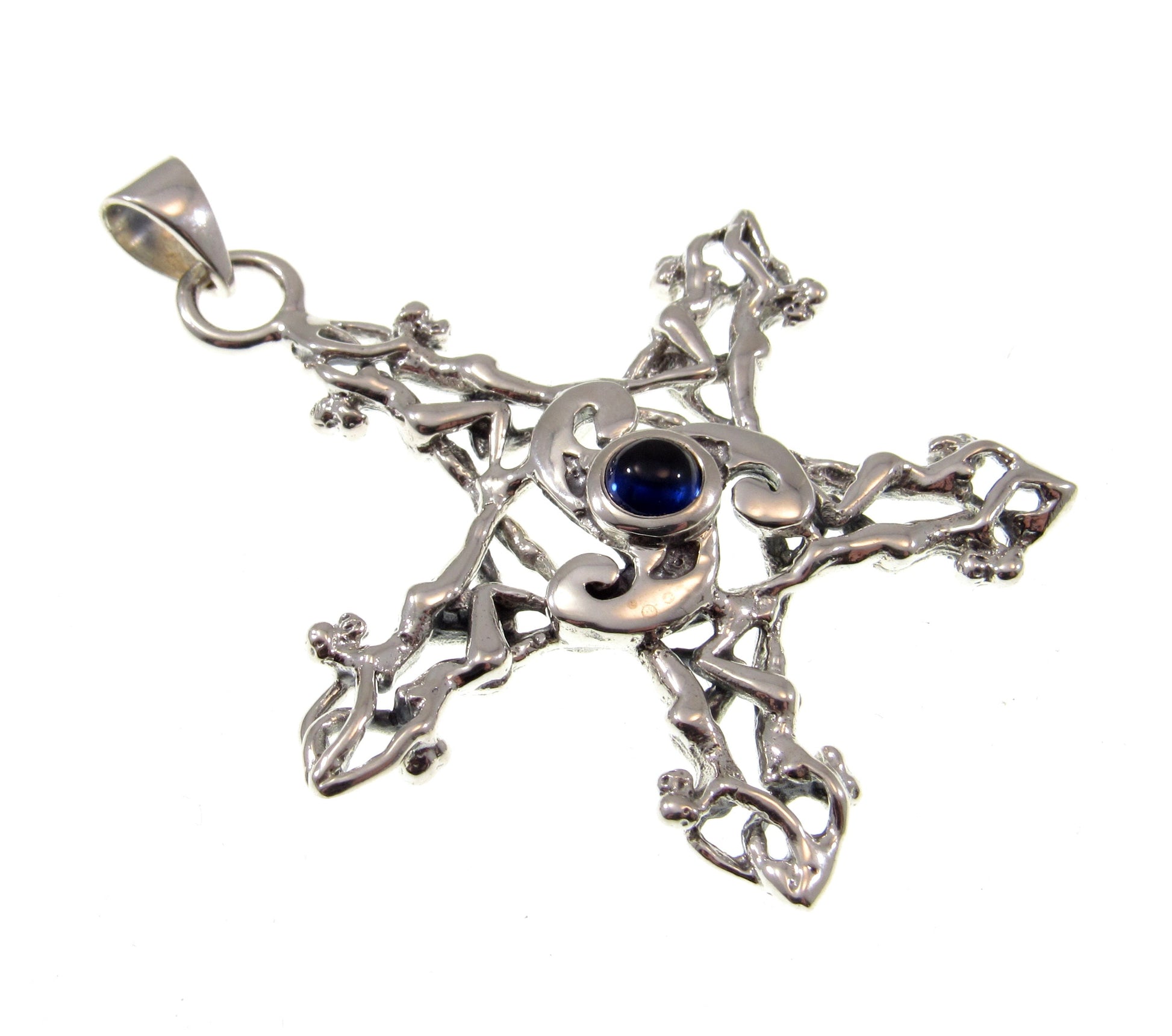 Solid 925 Sterling Silver Triskele Nude Goddesses Pentagram Pendant, Choose Gemstone: Amethyst Garnet Moonstone or Sapphire