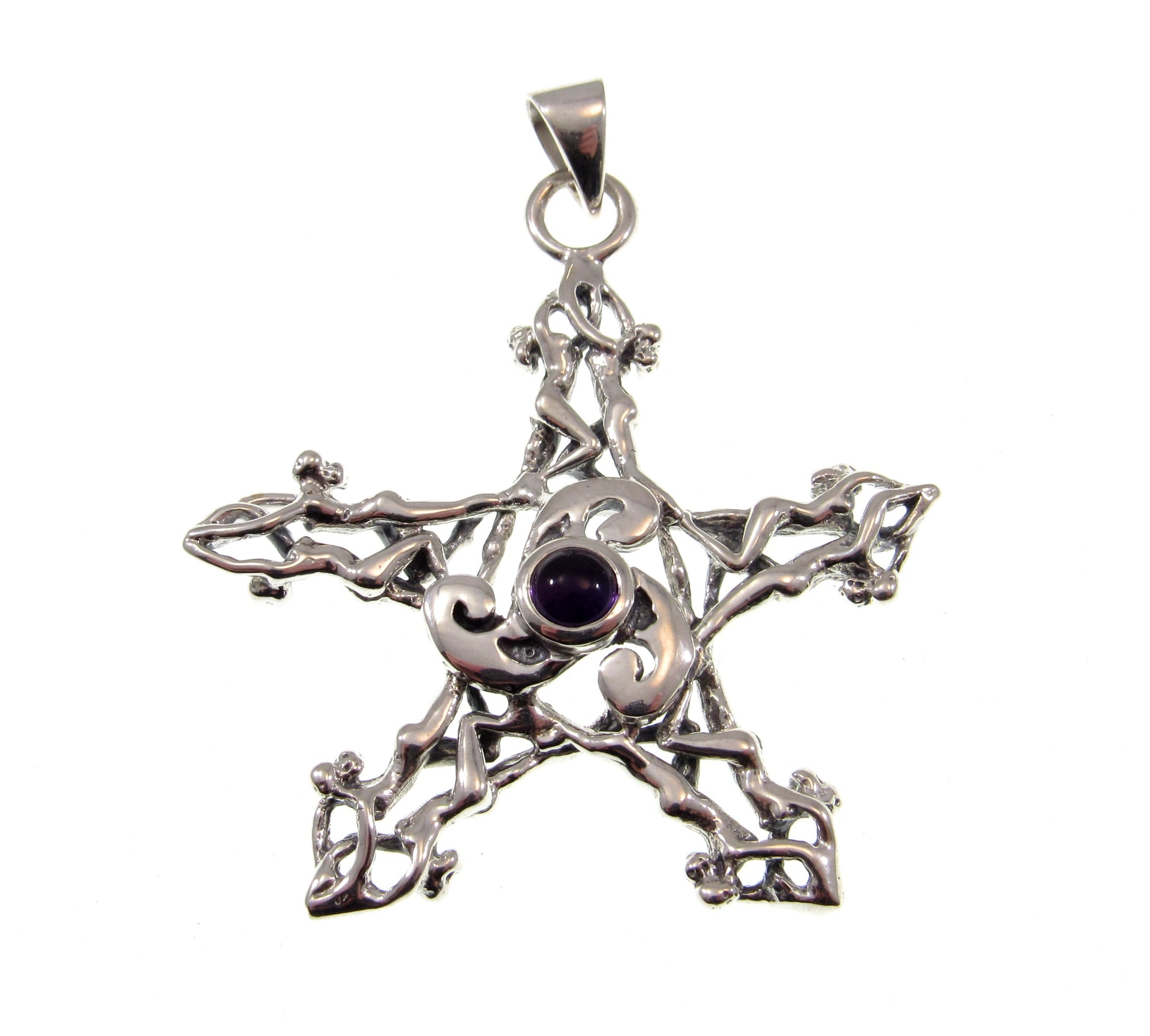 Solid 925 Sterling Silver Triskele Nude Goddesses Pentagram Pendant, Choose Gemstone: Amethyst Garnet Moonstone or Sapphire