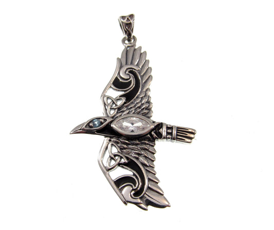 Solid 925 Sterling Silver Mythical Raven in Flight Pendant, Choose Faceted Gemstone: Purple Amethyst, Red Garnet, Rainbow Moonstone, Topaz