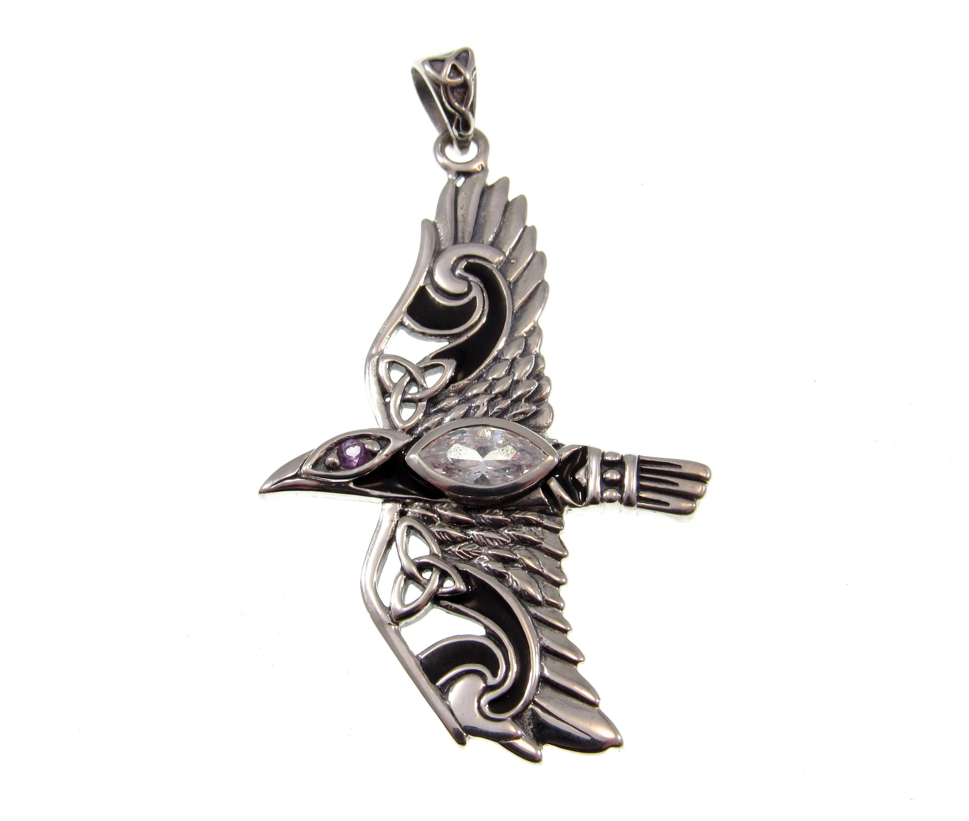 Solid 925 Sterling Silver Mythical Raven in Flight Pendant, Choose Faceted Gemstone: Purple Amethyst, Red Garnet, Rainbow Moonstone, Topaz